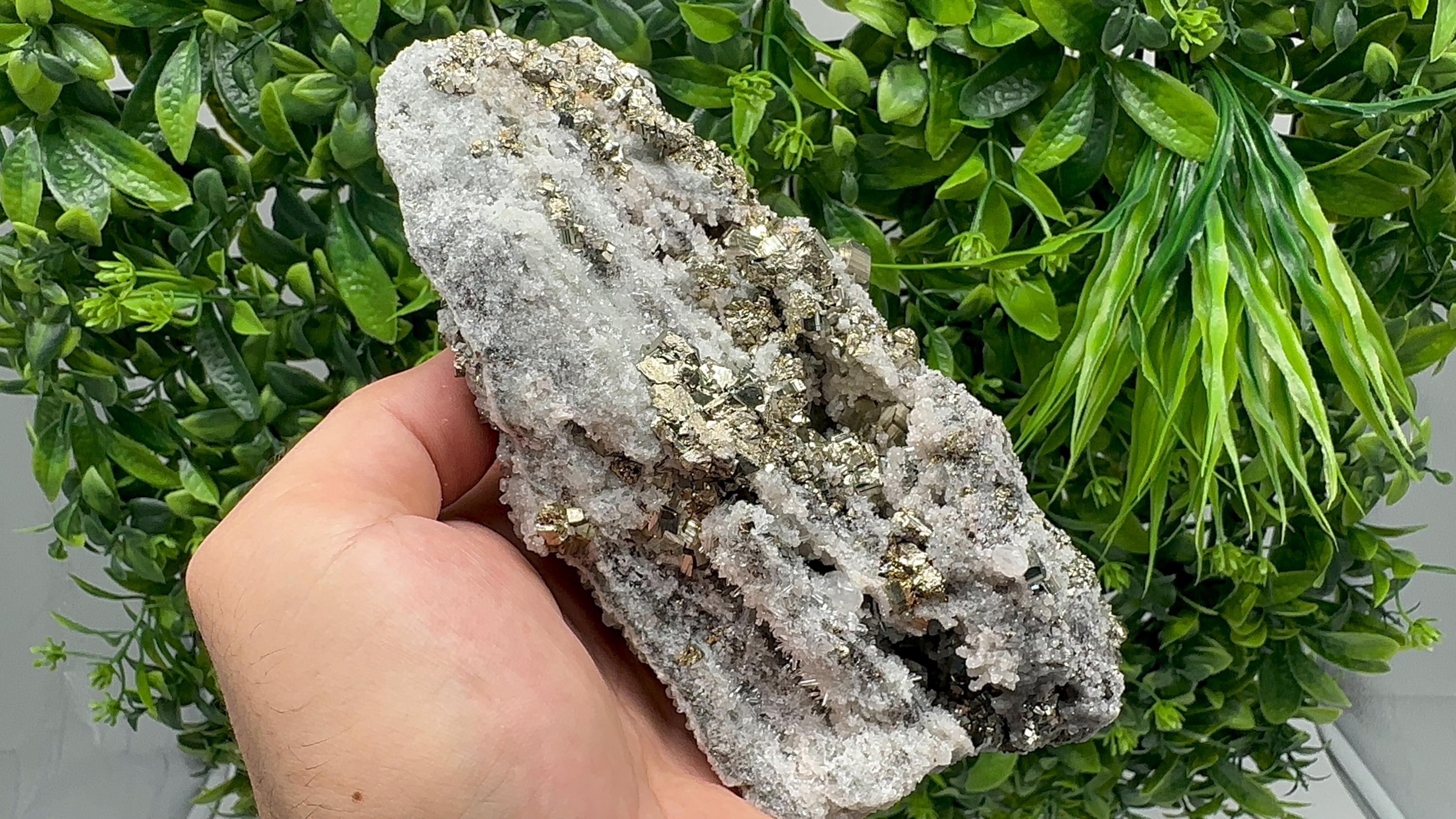 Pyrite on Quartz, Calcite Mineral Specimen, Home Decor Stone