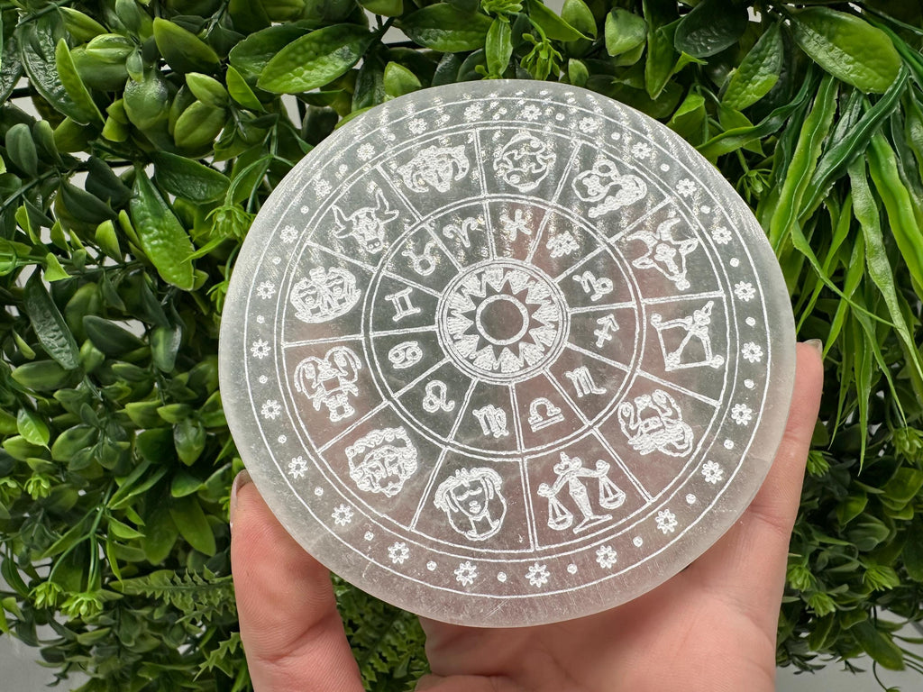 Natural Selenite Zodiac Disc (12cm): Engraved Crystal Decor