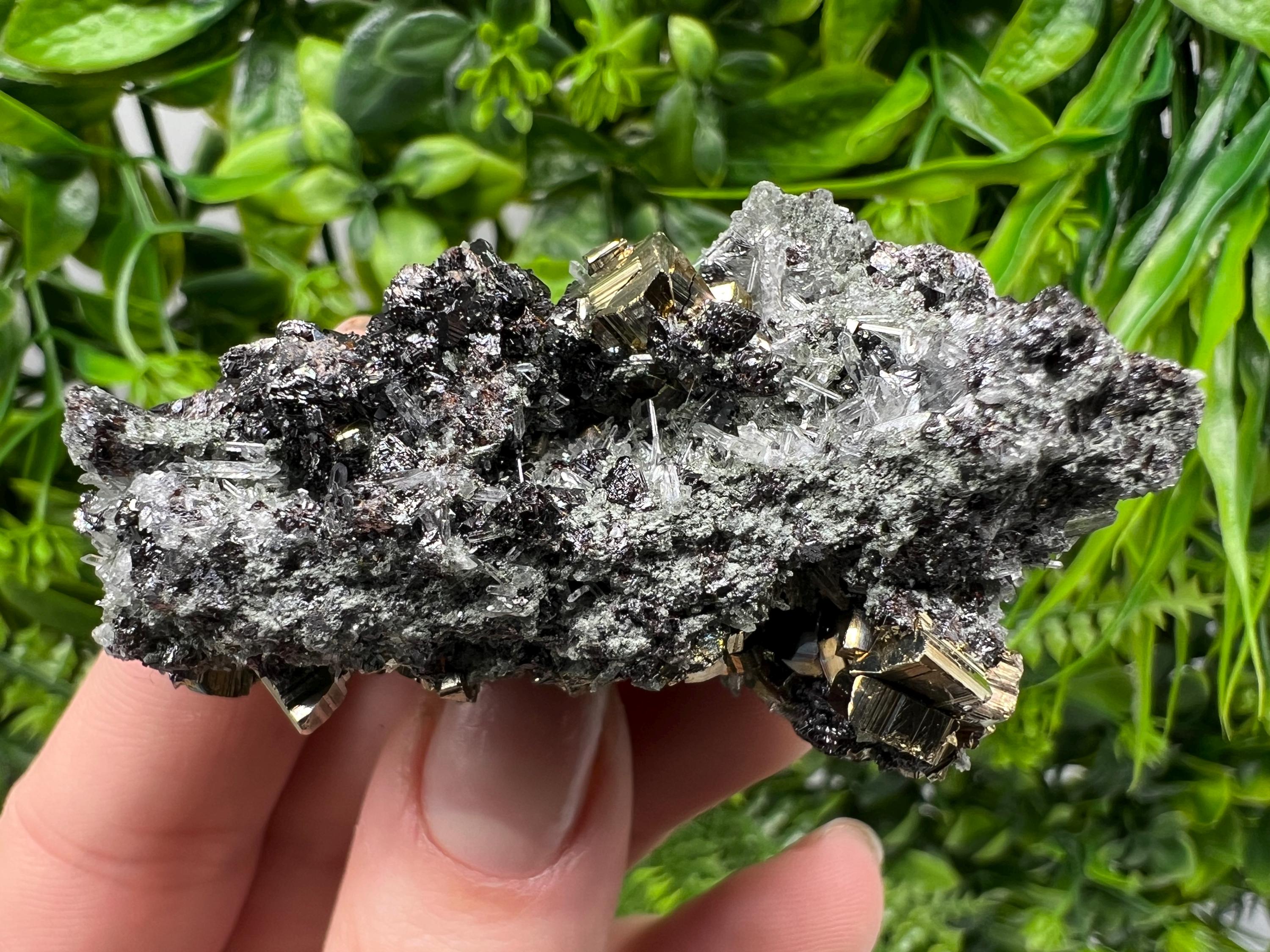 Pyrite on Green Quartz, Bulgaria Mineral Specimen, Home Decor Stone