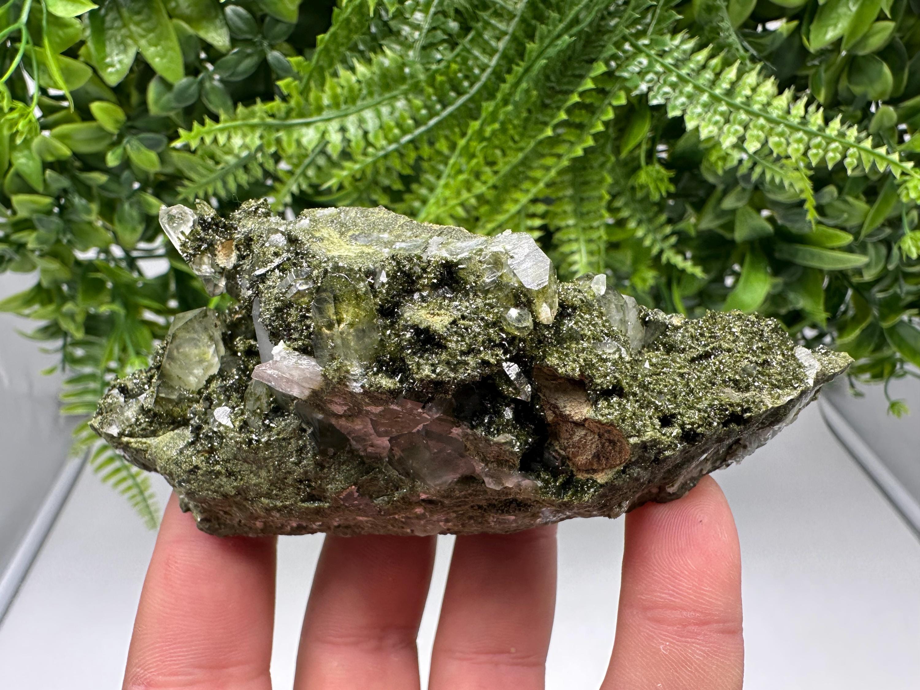 Rare Green Epidote with Quartz Crystals: Sparkly Rainbow Stone Decor