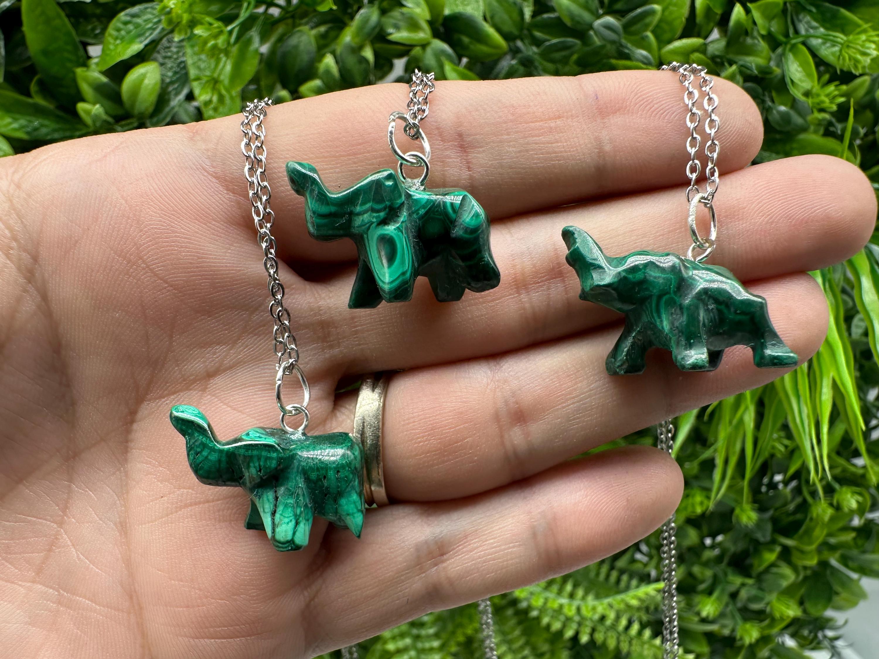 Malachite Elephant Figurine: Natural Stone Pendant, Vintage Home Decor