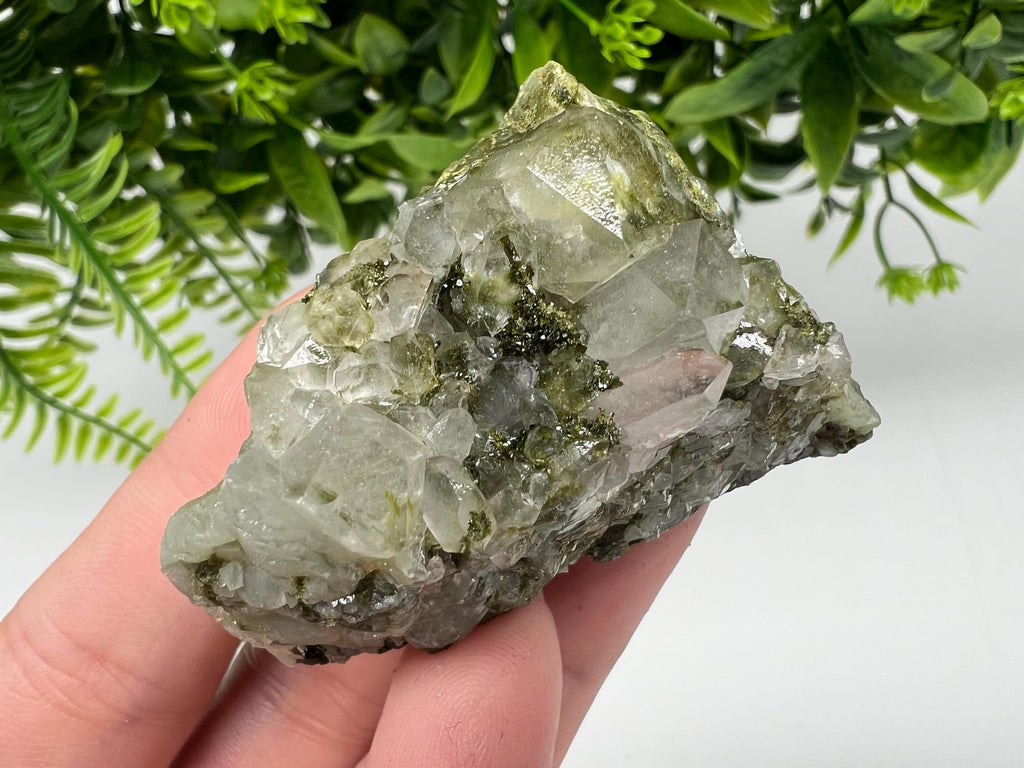 Rare Green Epidote with Quartz Crystals - Rainbow Sparkle Stone, Turkey