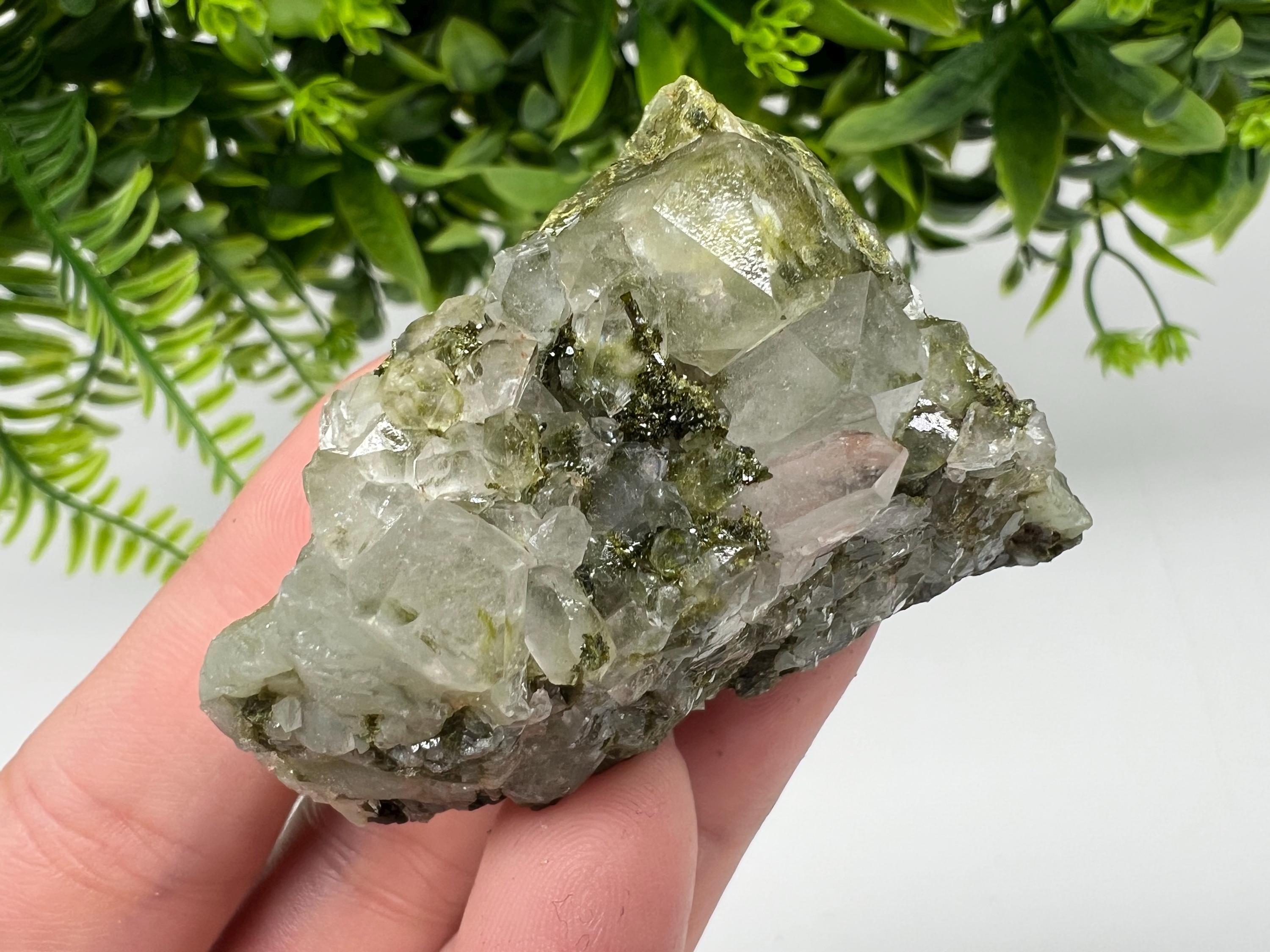 Rare Green Epidote with Quartz Crystals - Rainbow Sparkle Stone, Turkey