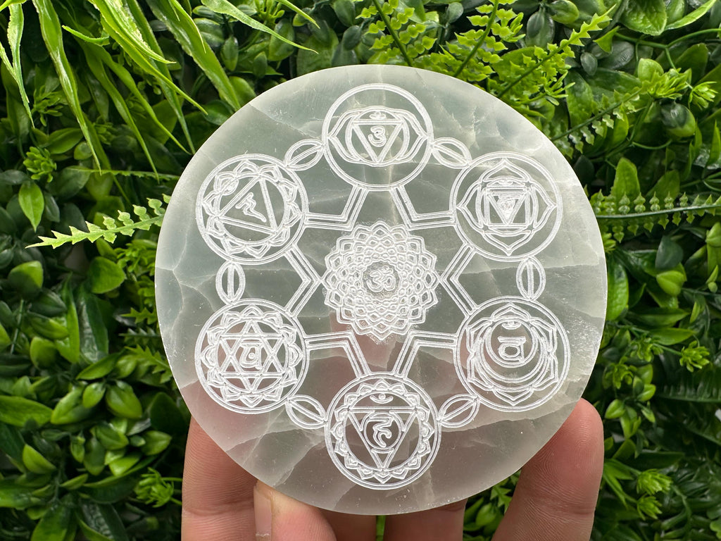 Selenite 7 Chakra Disk: Healing Crystal Charging Wand
