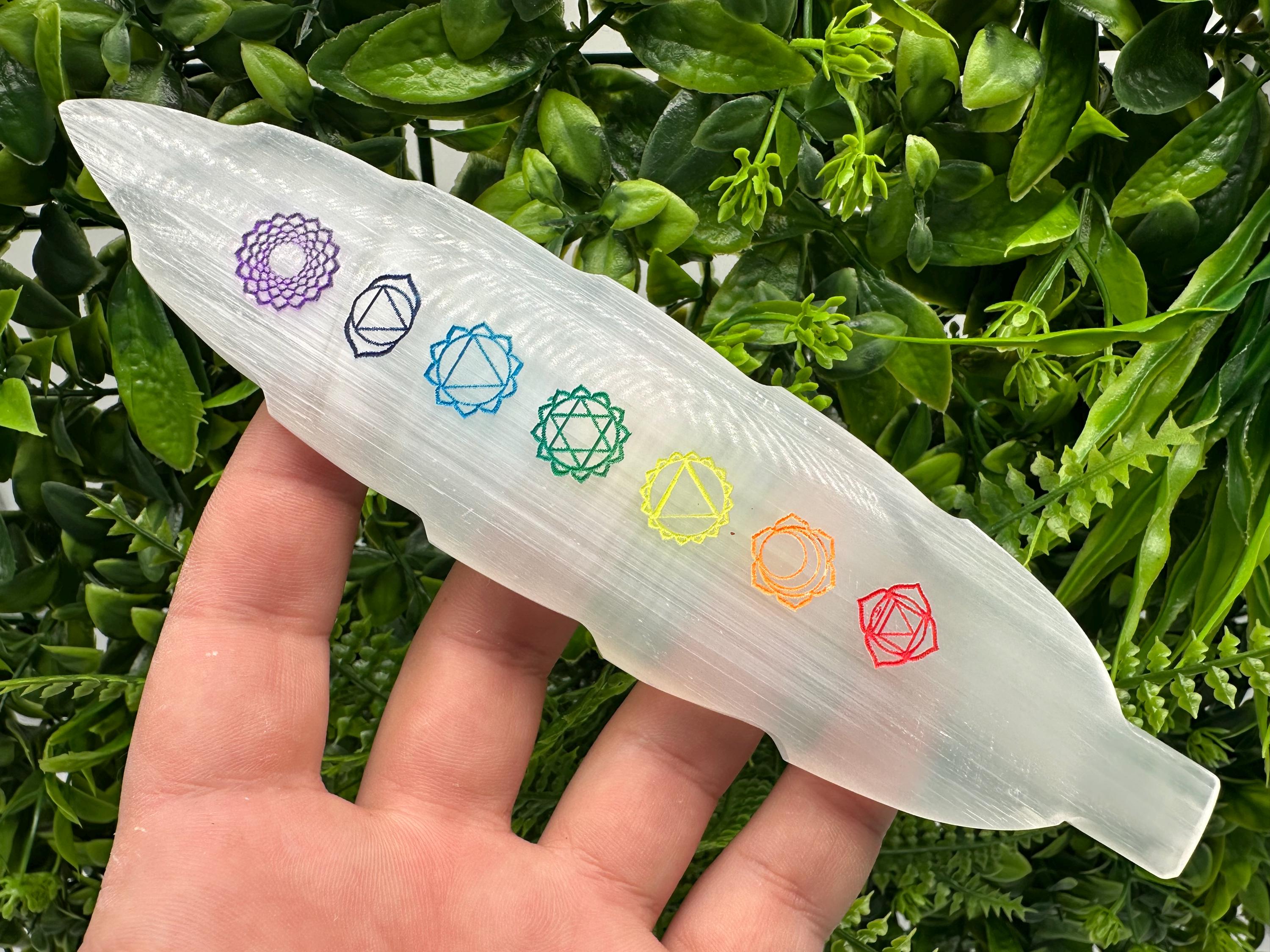 Selenite Chakra Charging Plate: Cleansing Wand Bar, 7 Chakra Ruler