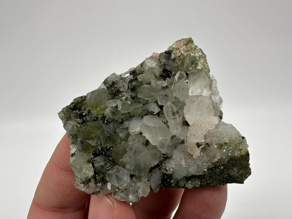 Rare Green Epidote with Quartz Crystals: Sparkly Rainbow Mineral Decor