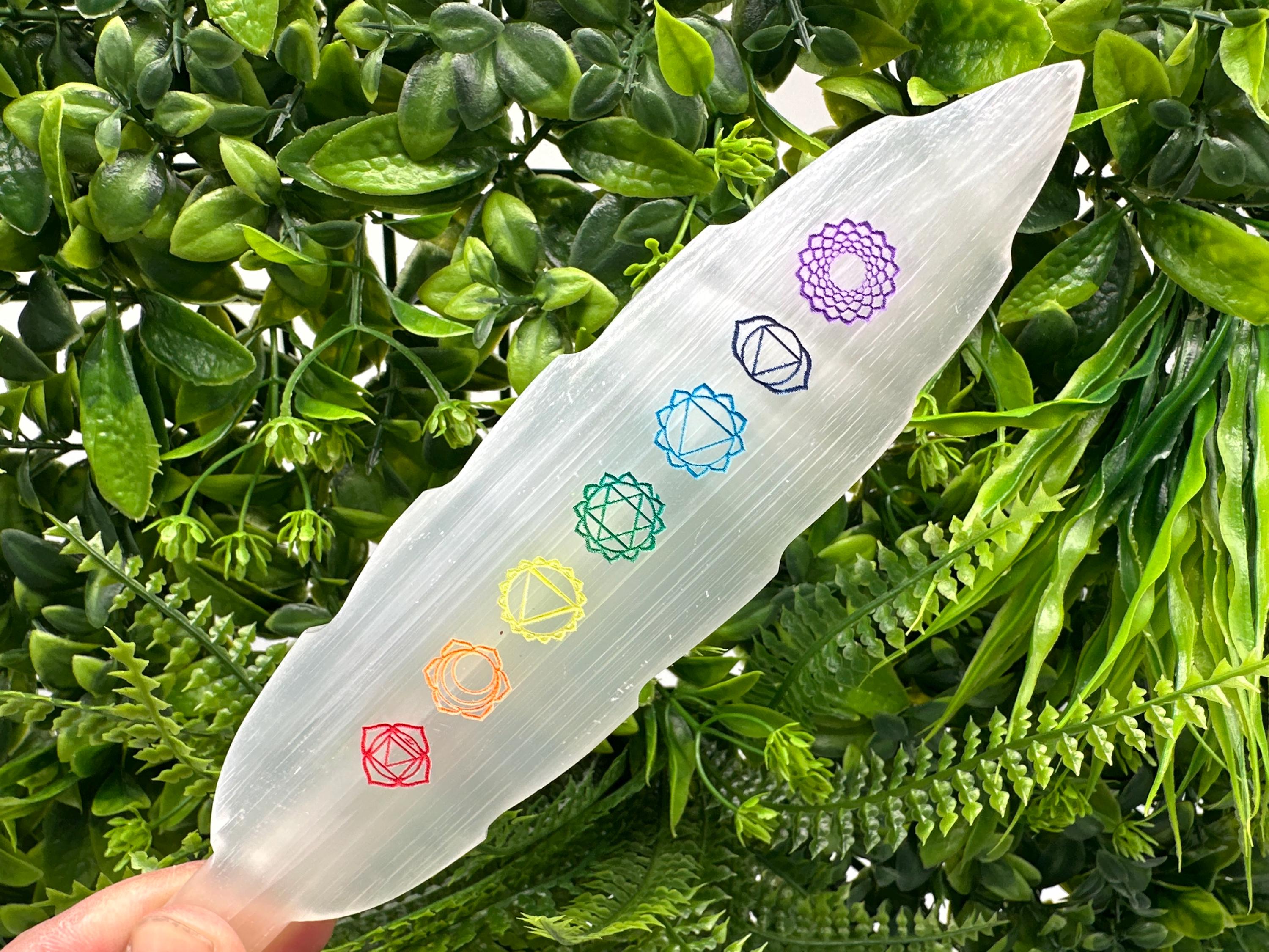 Selenite Chakra Charging Plate: Cleansing Wand Bar, 7 Chakra Ruler