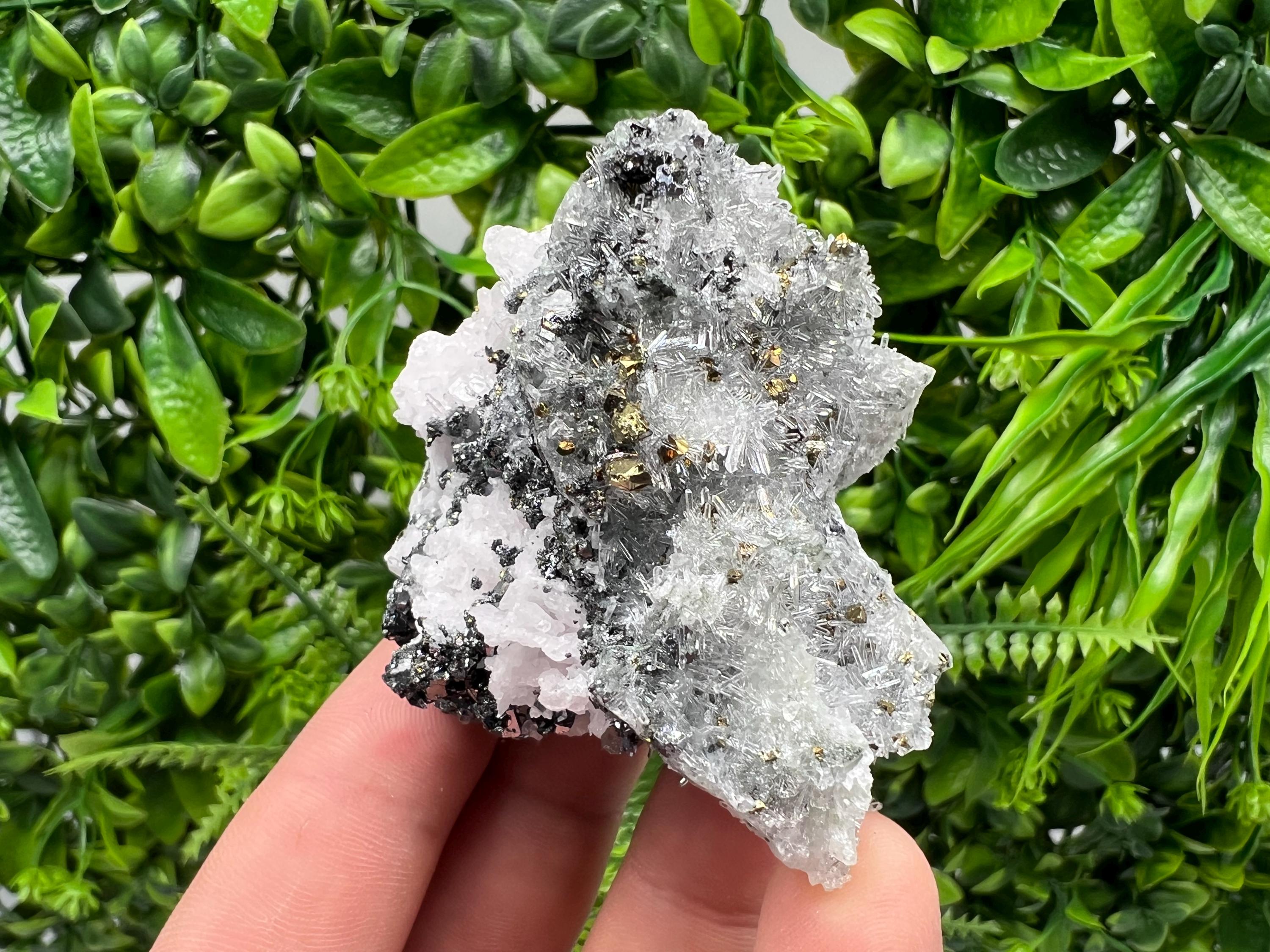 Stunning Cgalcopyrite,Galena,Sphalerite,Calcite,on needle Quartz from Borieva mine,Madan,Bulgaria,natural,collectible mineral specimen,gift