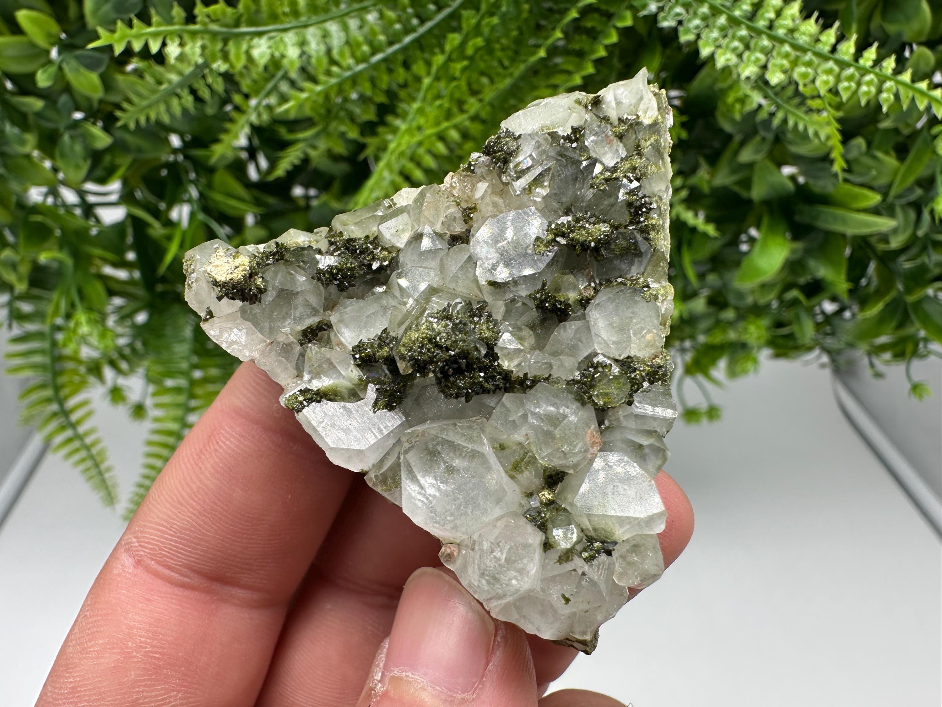 Rare Green Epidote with Quartz Crystals: Sparkly Rainbow Stone Decor