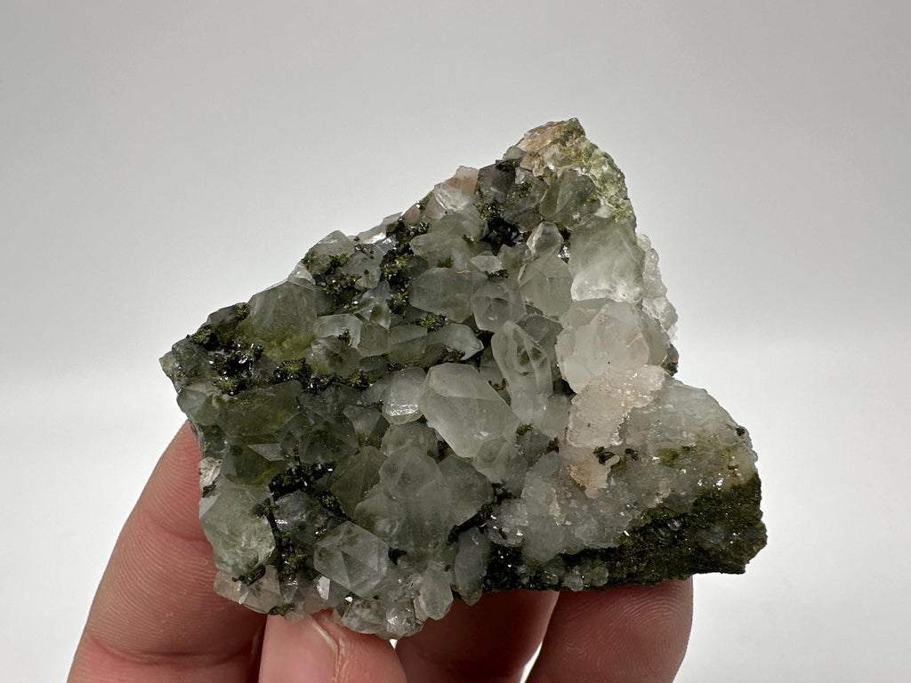 Rare Green Epidote with Quartz Crystals: Sparkly Rainbow Mineral Decor
