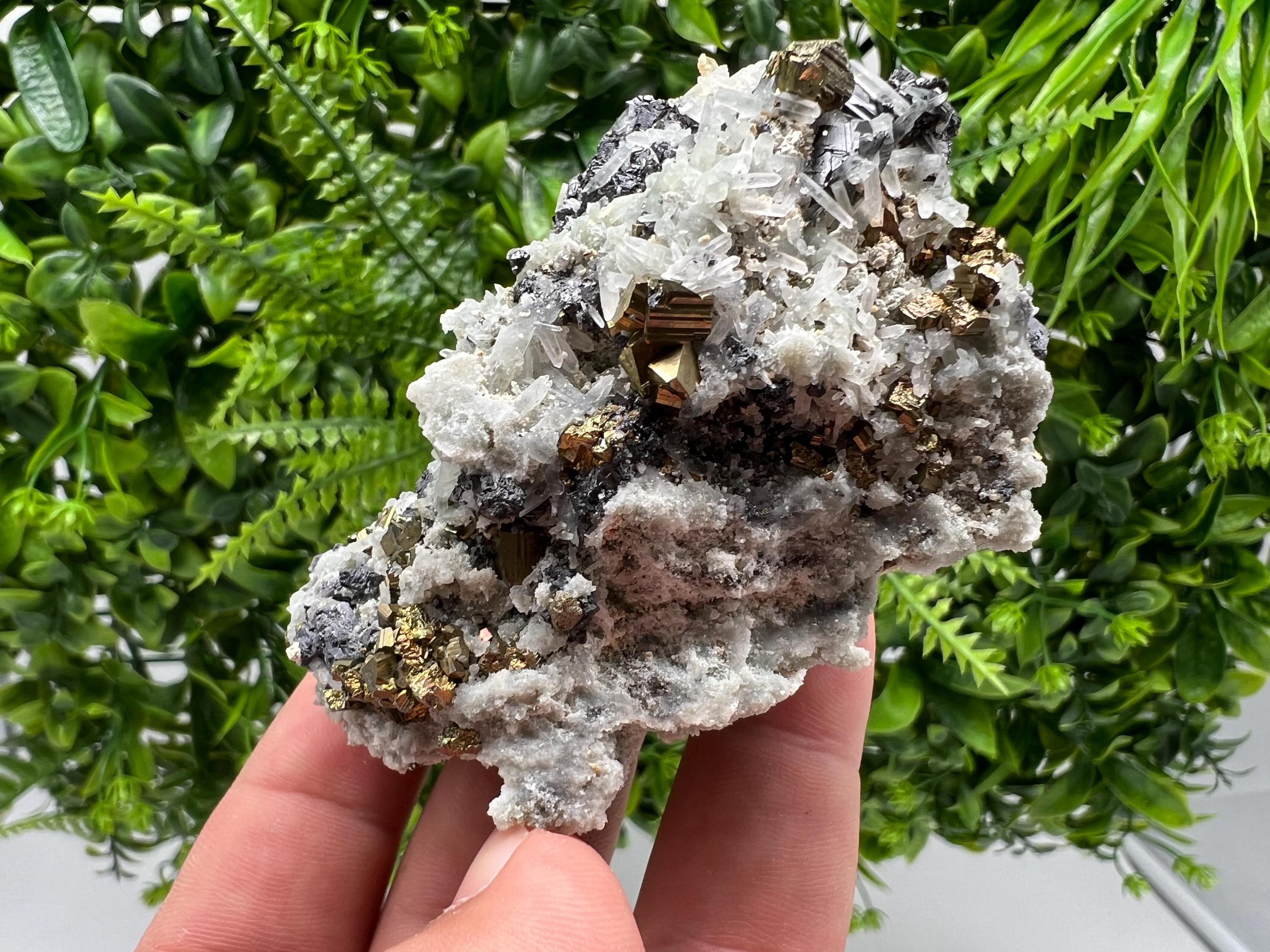 Wonderful Rainbow Pyrite,Sphalerite on Quartz from 9 th September mine,Madan,Bulgaria natural,collectibles mineral specimen,home decor stone