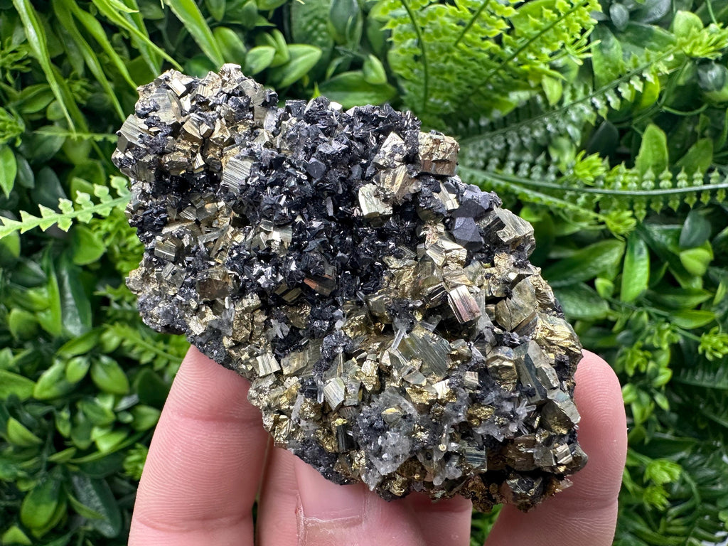 Rainbow Pyrite Cluster on Sphalerite, Quartz, Borieva Mine