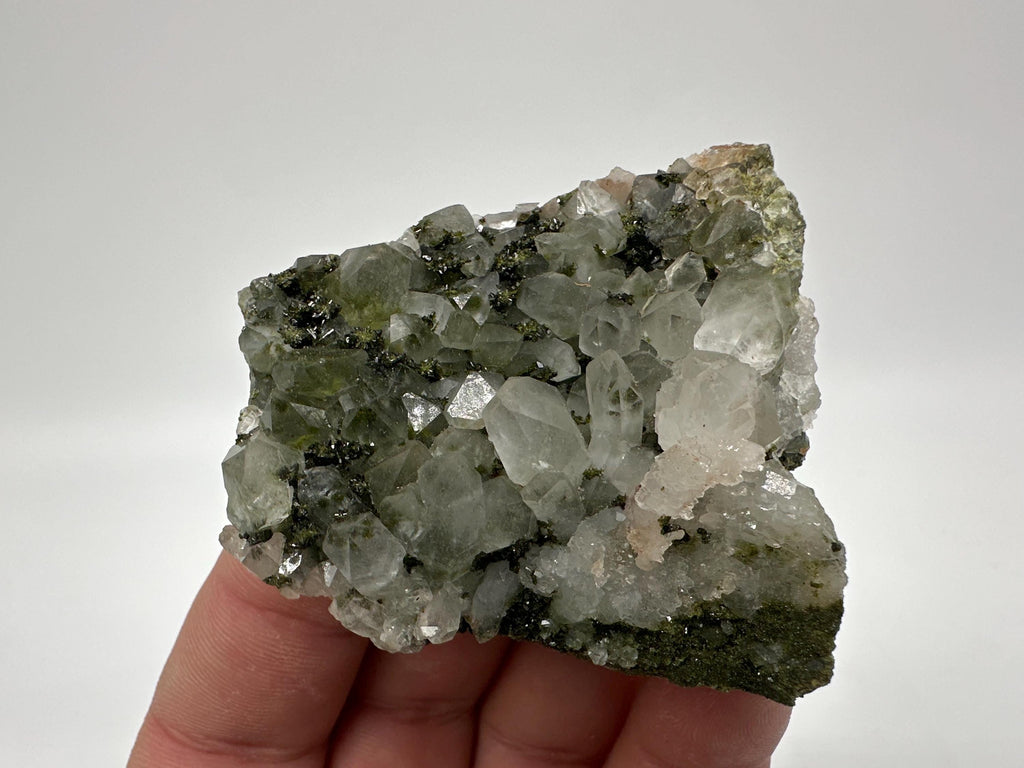 Rare Green Epidote with Quartz Crystals: Sparkly Rainbow Mineral Decor