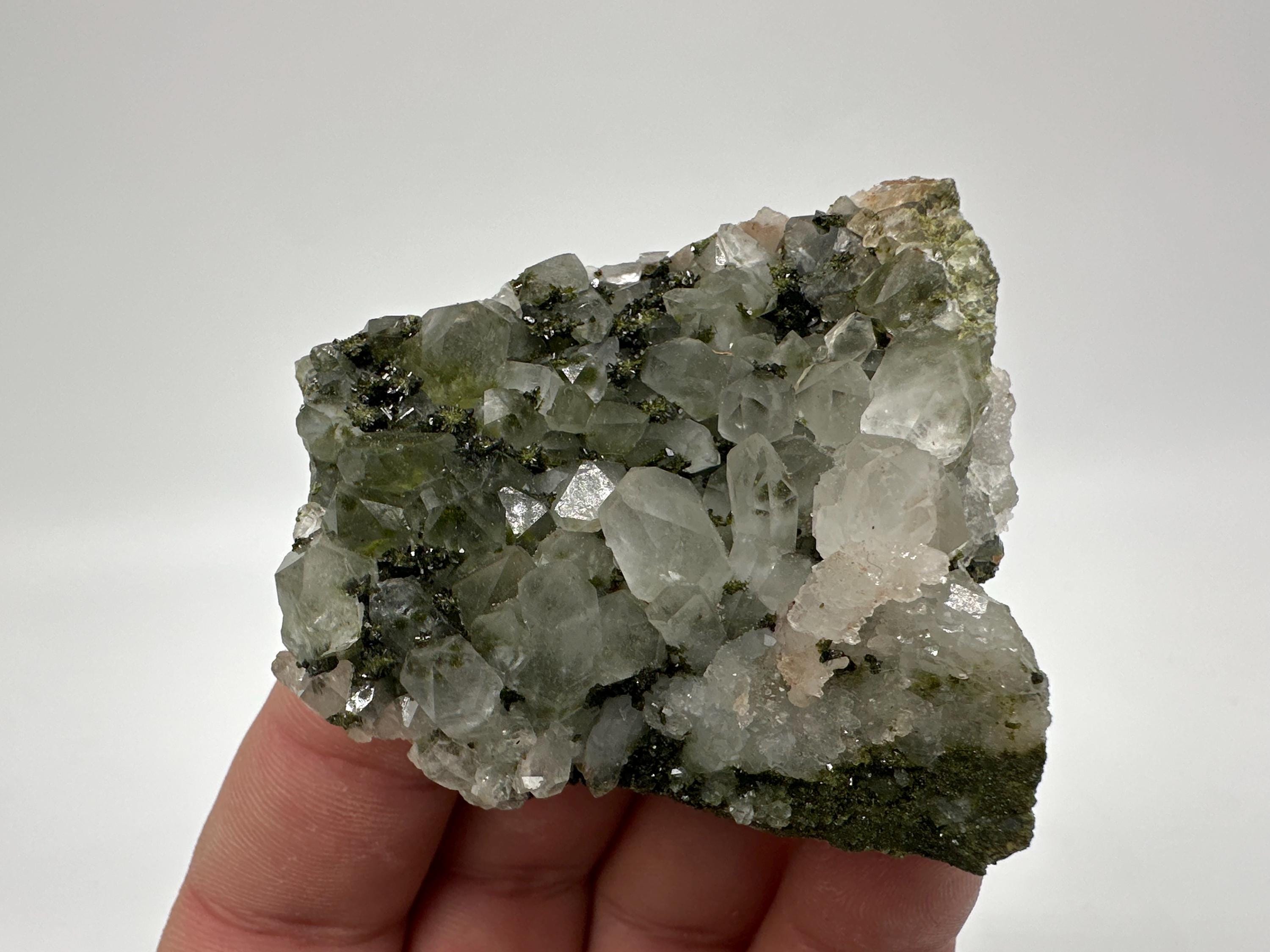 Rare Green Epidote with Quartz Crystals: Sparkly Rainbow Mineral Decor