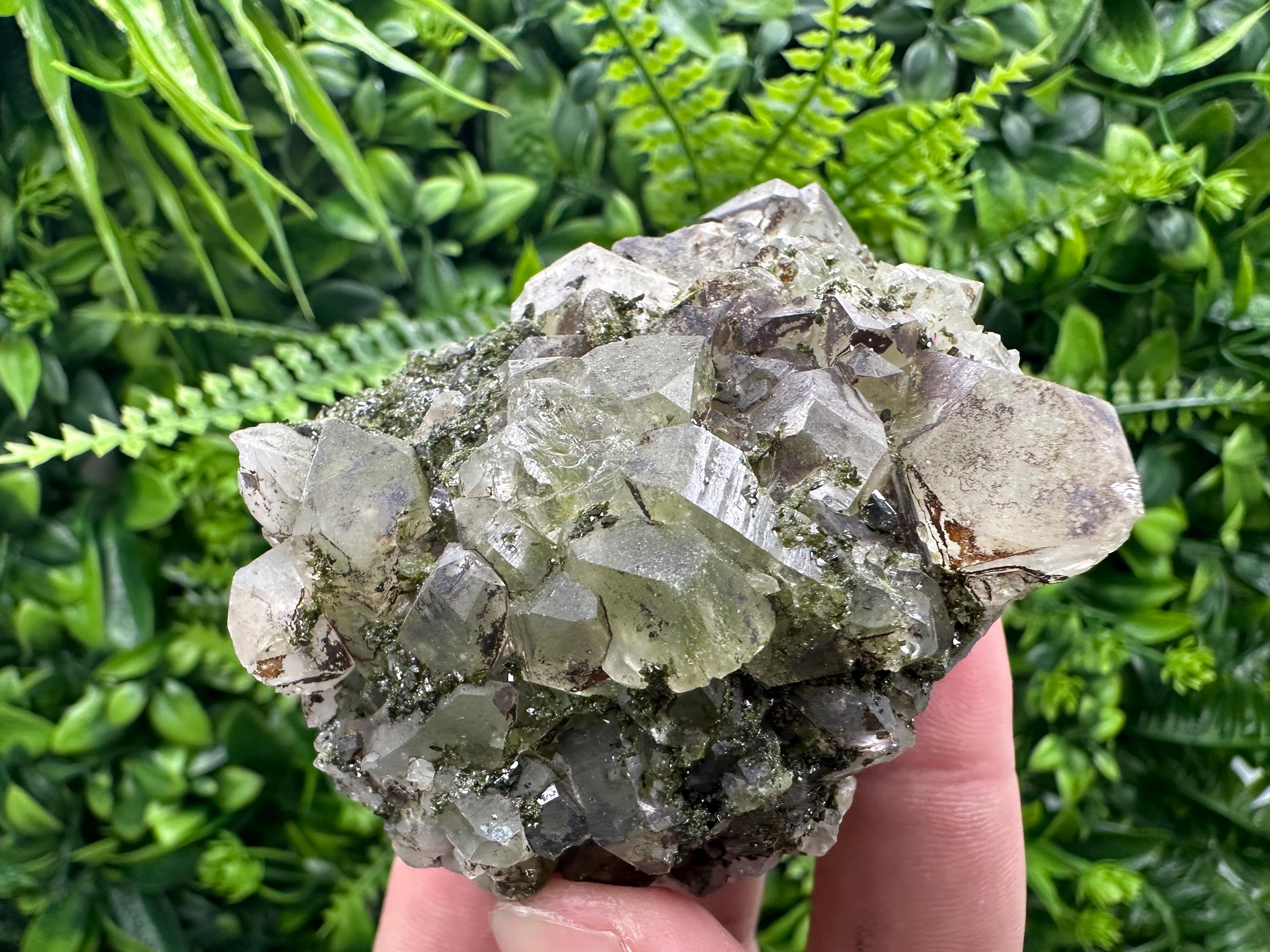 Rare Green Epidote with Quartz Crystals: Sparkly Rainbow Mineral Decor