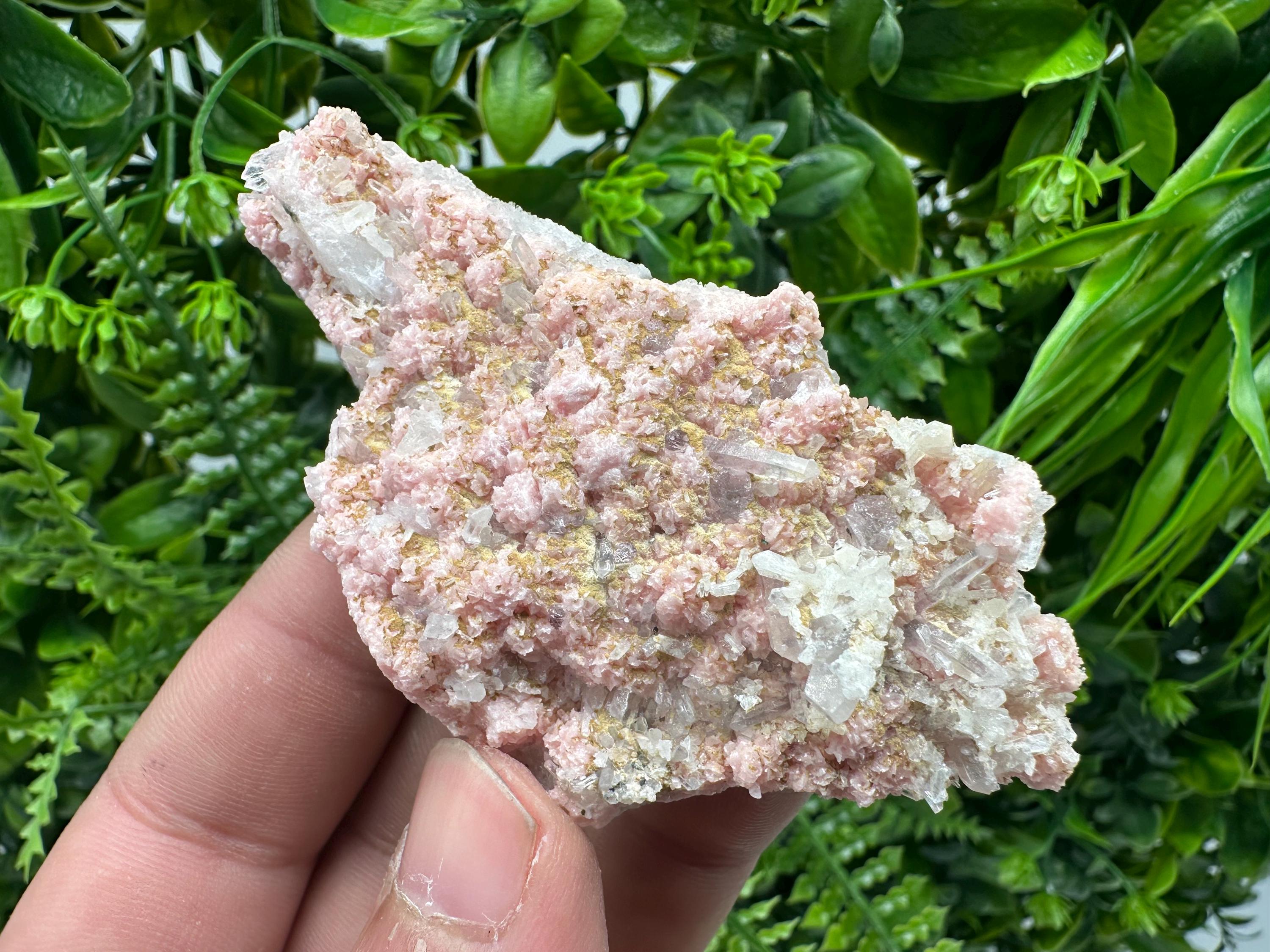 Rhodochrosite on Quartz: Pink Crystal Home Decor, Bulgaria Mineral Souvenir