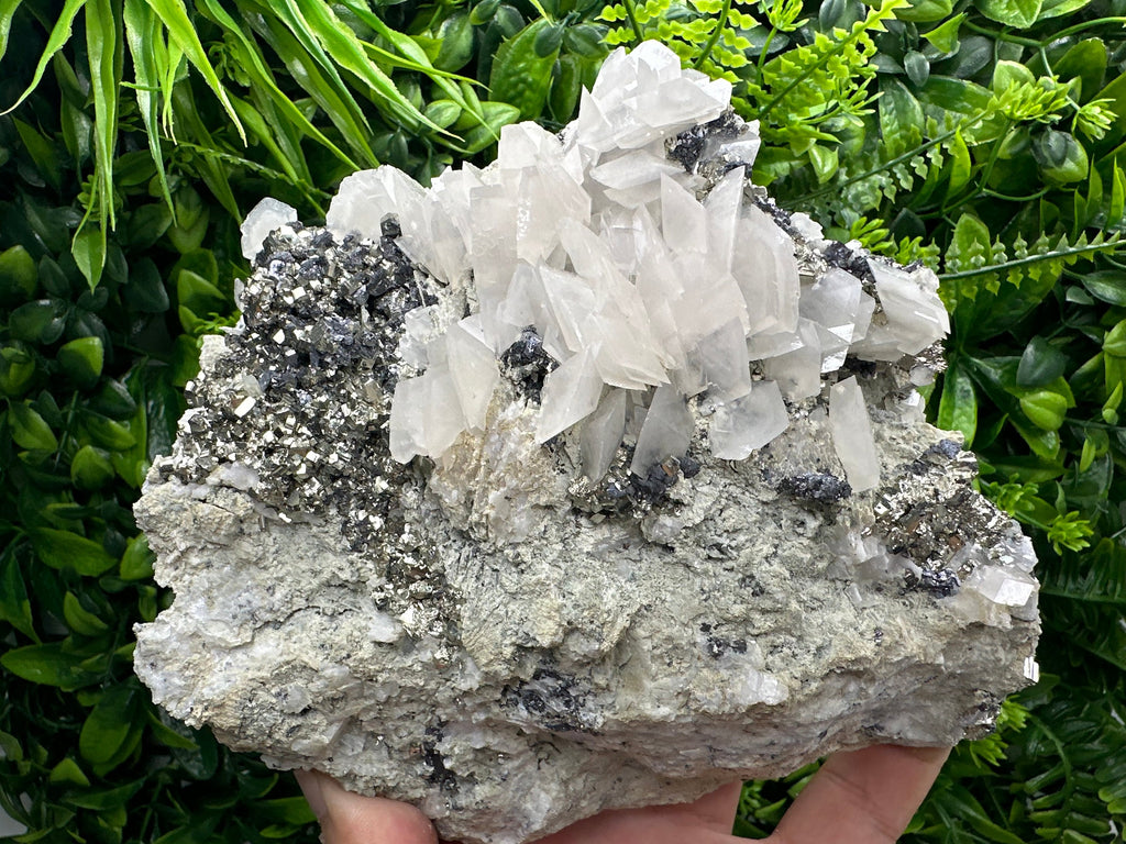 Golden Pyrite with Calcite on Matrix, Borieva Mine Mineral Specimen