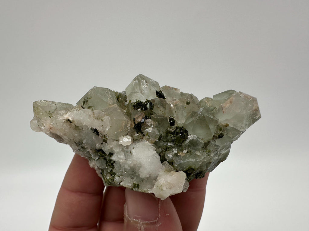 Rare Green Epidote with Quartz Crystals: Sparkly Rainbow Mineral Decor