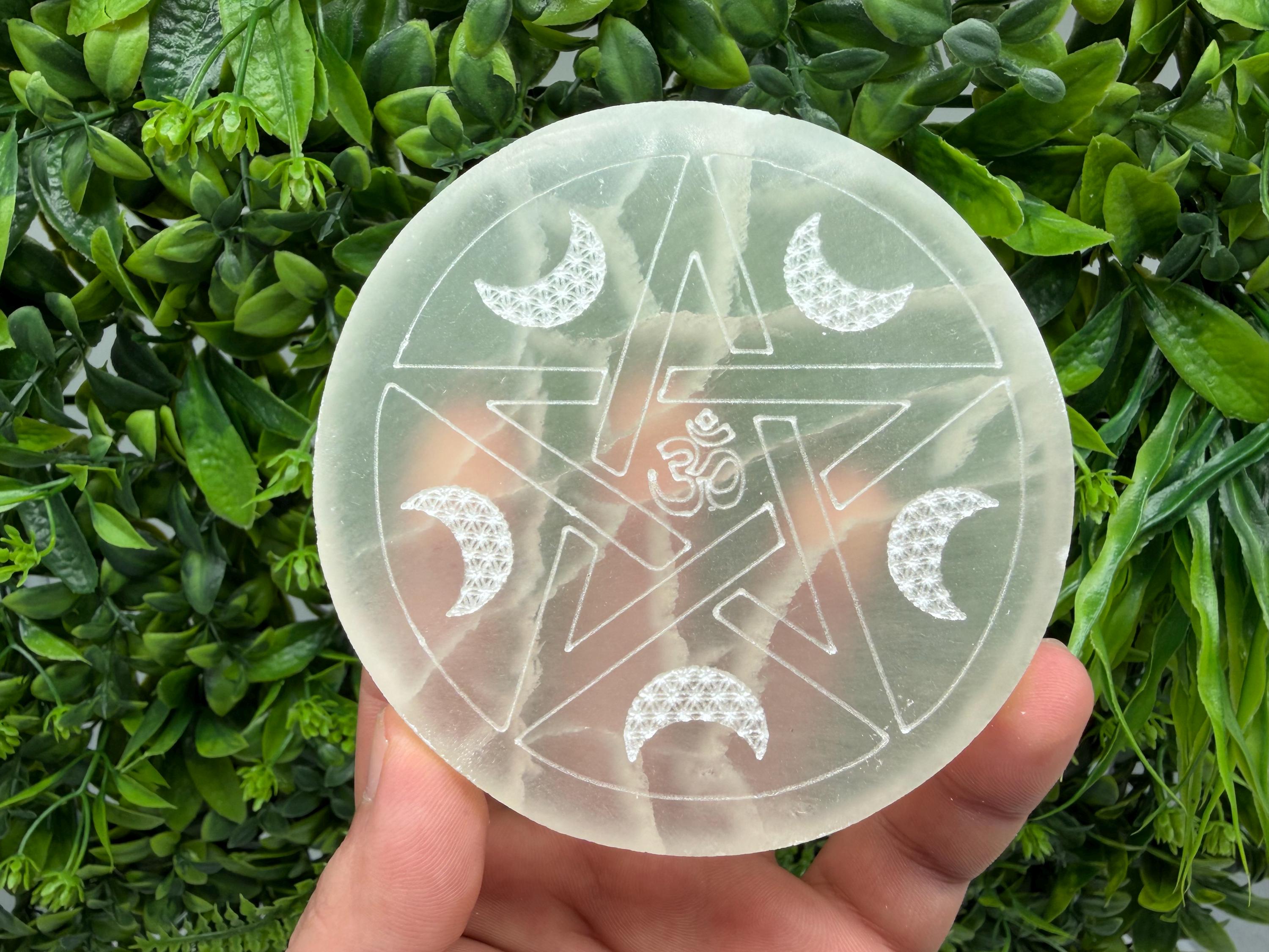 Selenite Charging Plate with Moon and Om Symbol – Crystal Energy Cleansing Disk