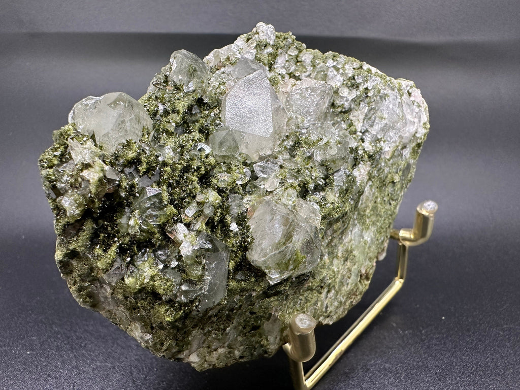 Rare Green Epidote with Quartz Crystals: Sparkly Rainbow Stone Decor