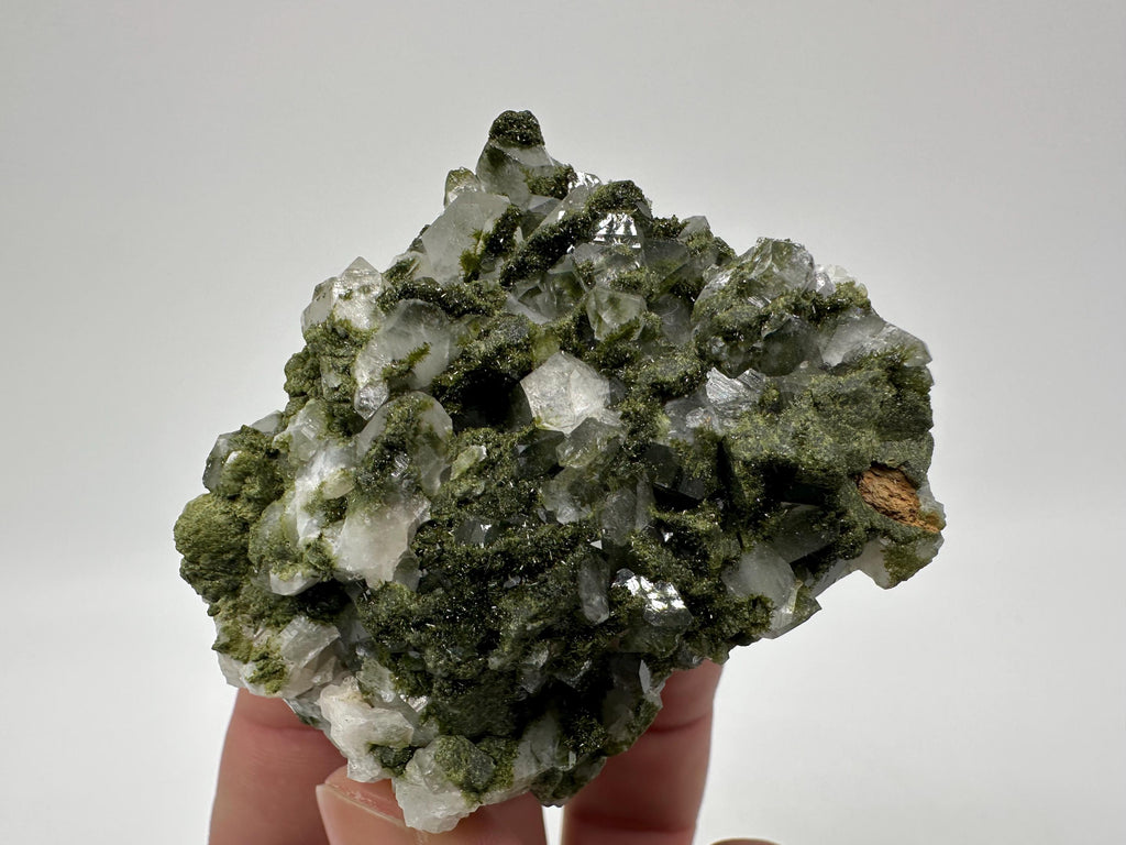 Rare Green Epidote with Quartz Crystals: Sparkly Rainbow Stone Decor
