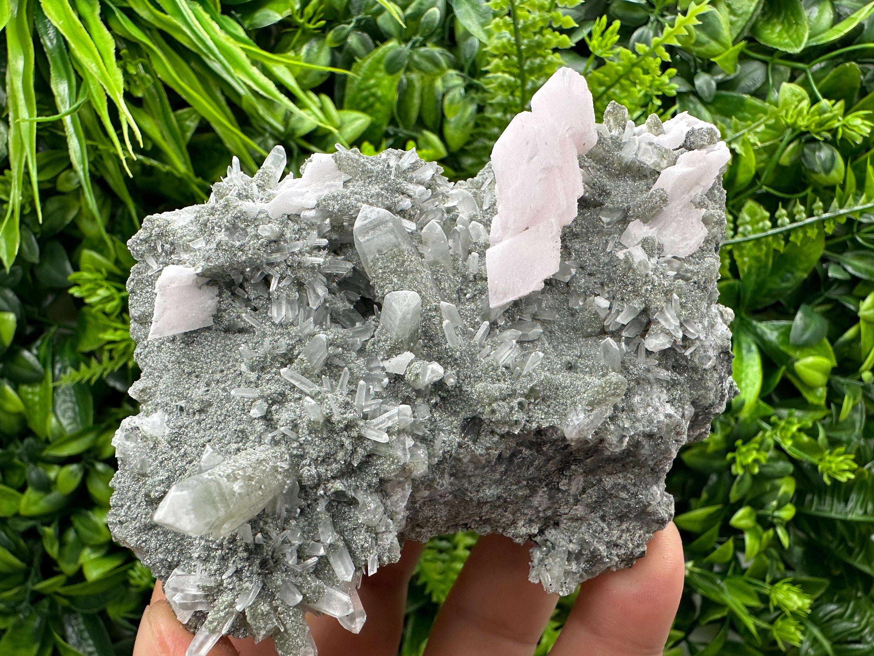Mangano Calcite on Quartz with Chlorite, Borieva Mine Mineral Specimen