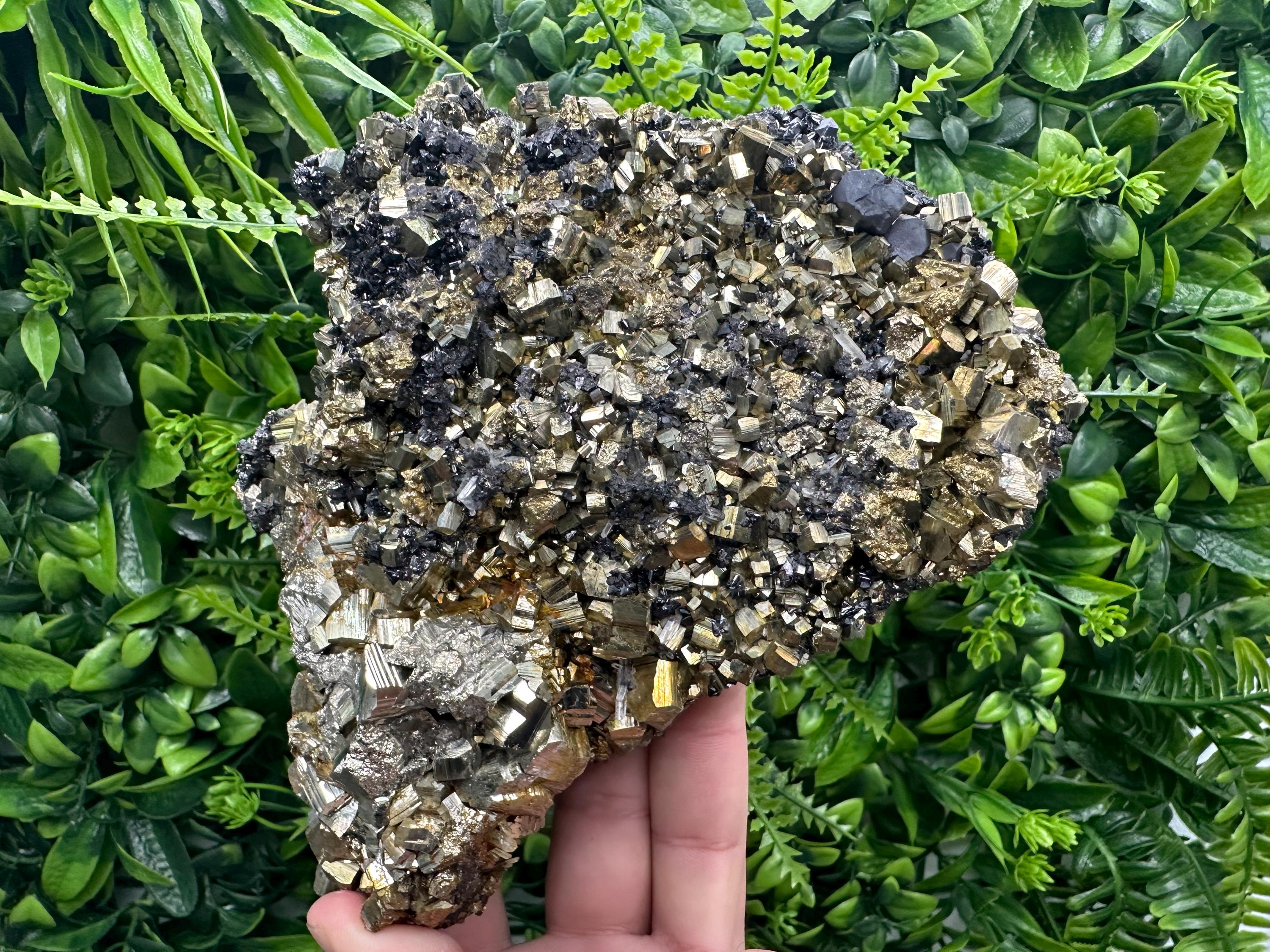 Rainbow Pyrite Cluster on Sphalerite, Borieva Mine Mineral Specimen