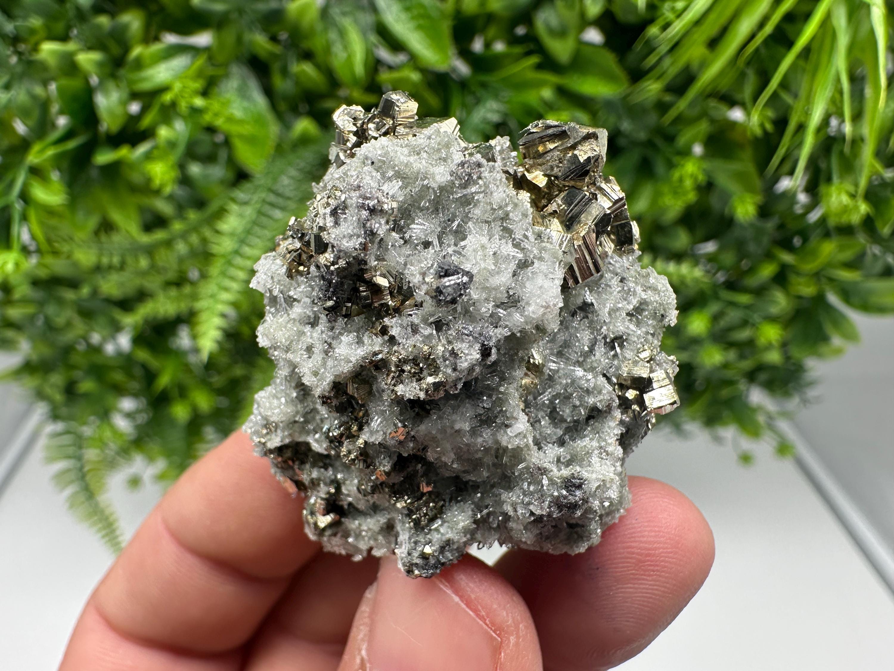 Pyrite on Green Quartz Mineral Specimen, Borieva Mine Bulgaria