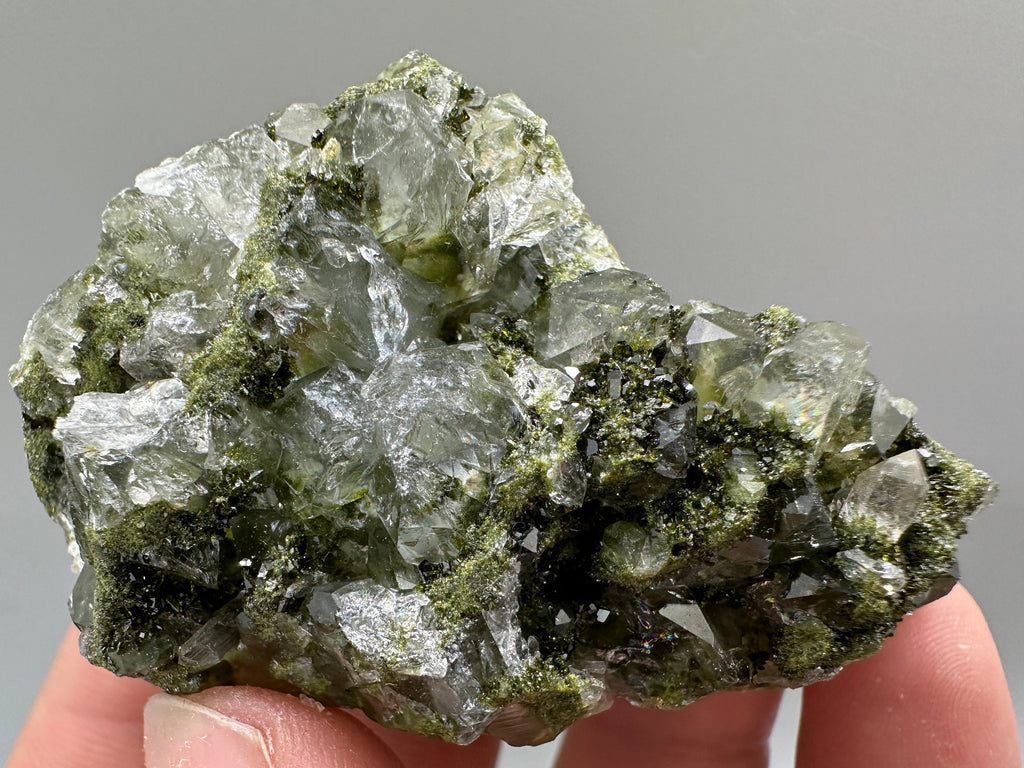 Rare Green Epidote with Quartz Crystals: Sparkly Rainbow Mineral Decor
