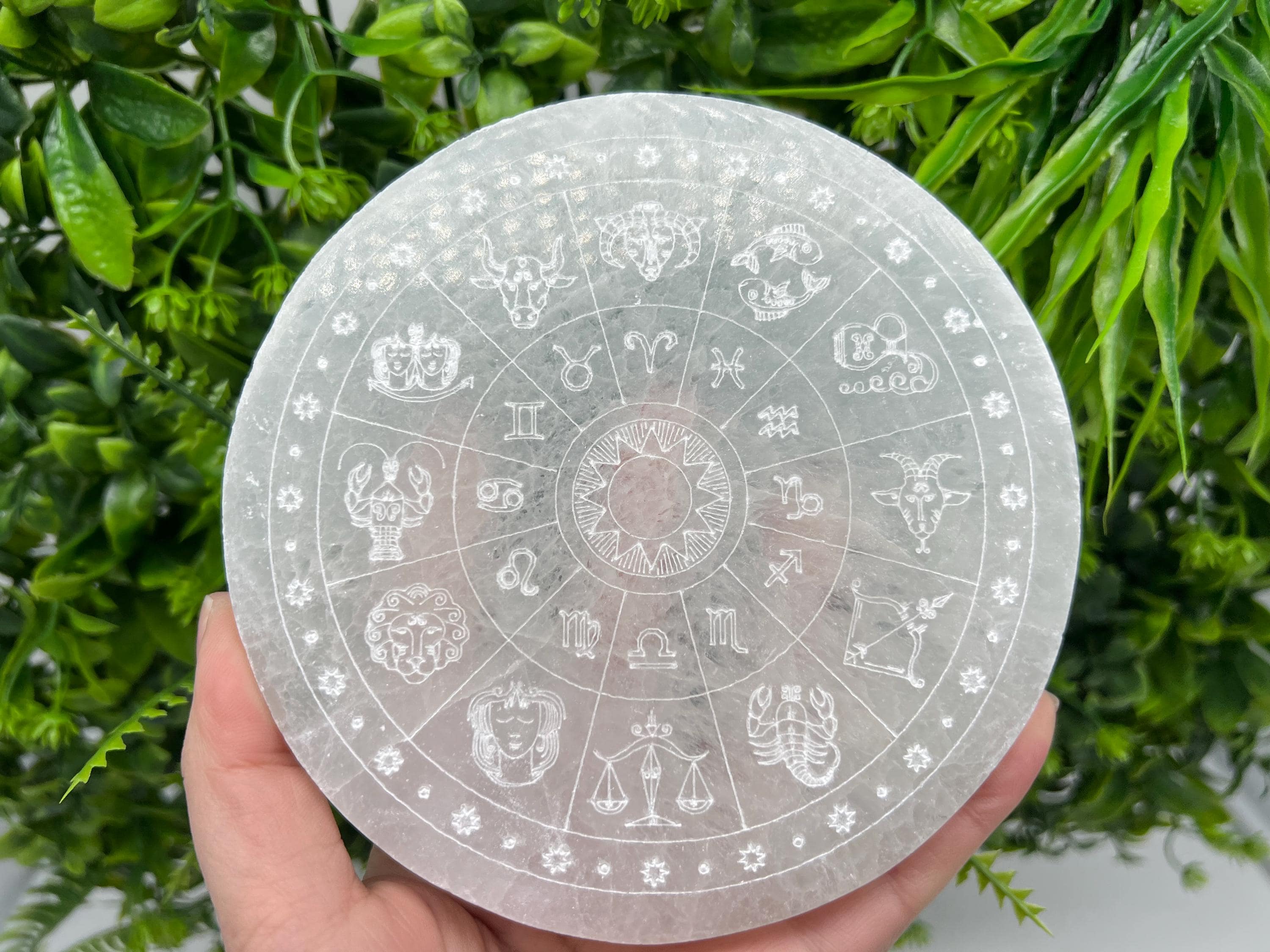 Engraved Selenite Zodiac Disc: Energy Crystal Healing Decor (14cm)