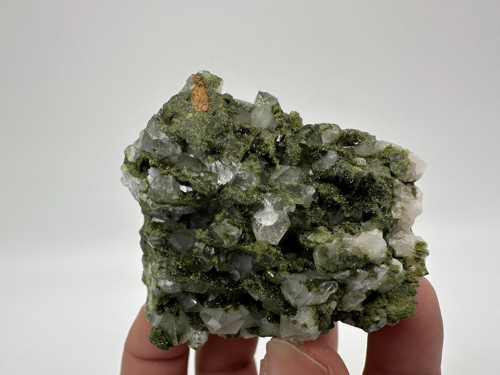 Rare Green Epidote with Quartz Crystals: Sparkly Rainbow Stone Decor