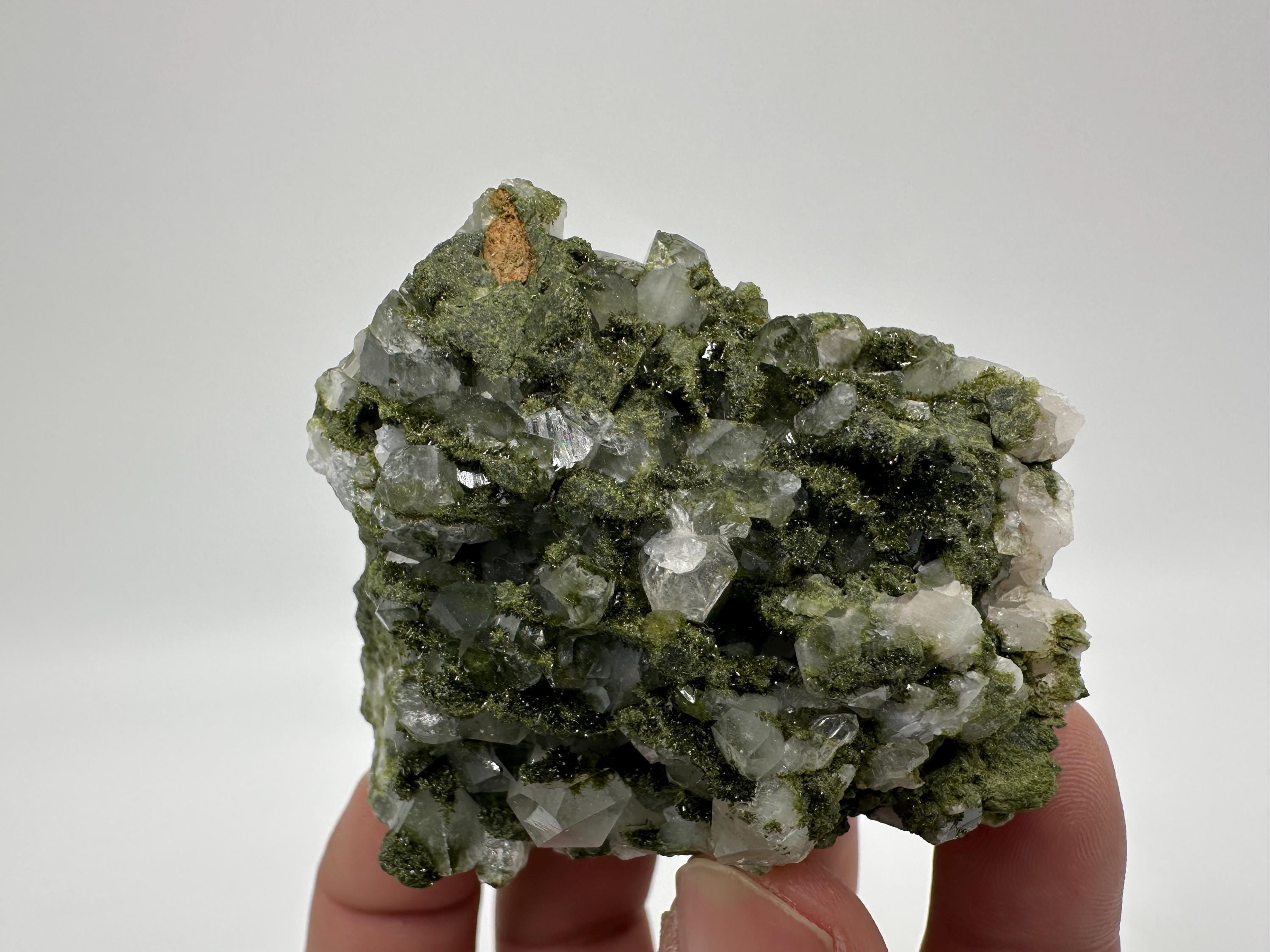 Rare Green Epidote with Quartz Crystals: Sparkly Rainbow Stone Decor