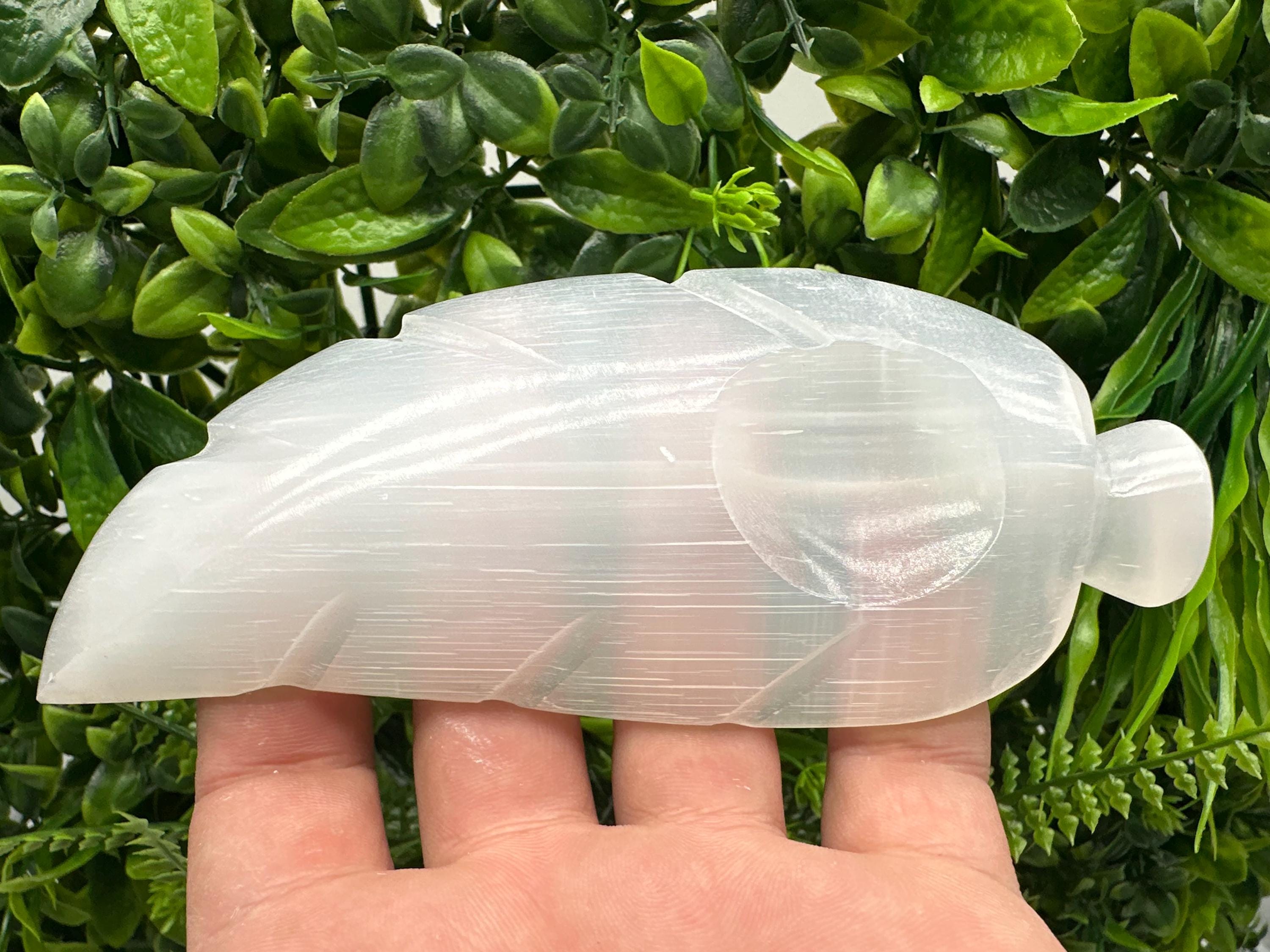 Hand Carved Selenite Leaf Jewelry Holder: Reiki Healing Crystal