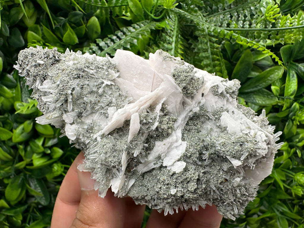 Calcite on Green Quartz: Borieva Mine Crystal Decor