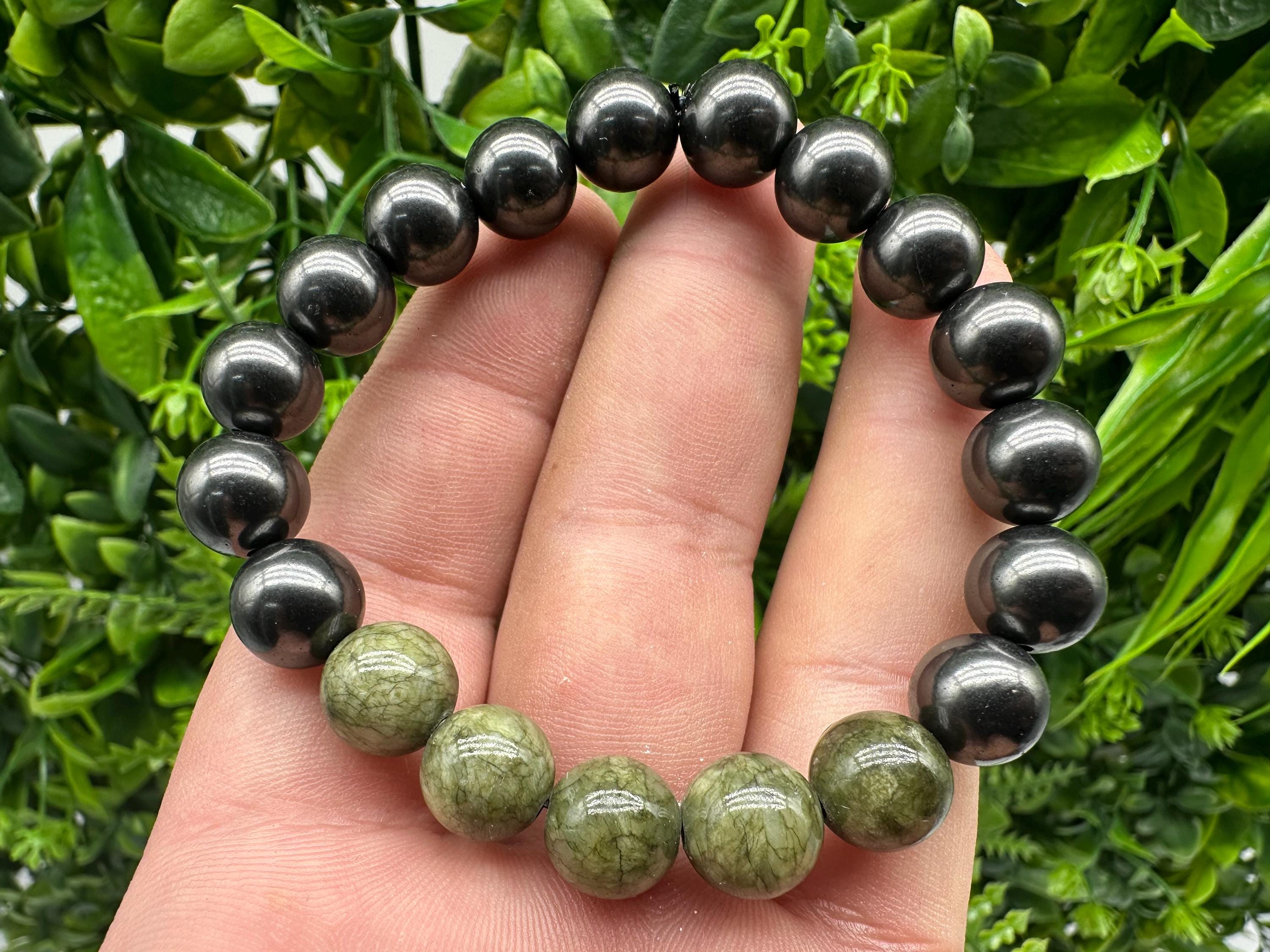 Shungite Jade Bracelet: 10mm Gemstone Beaded Bracelet, EMF Protection