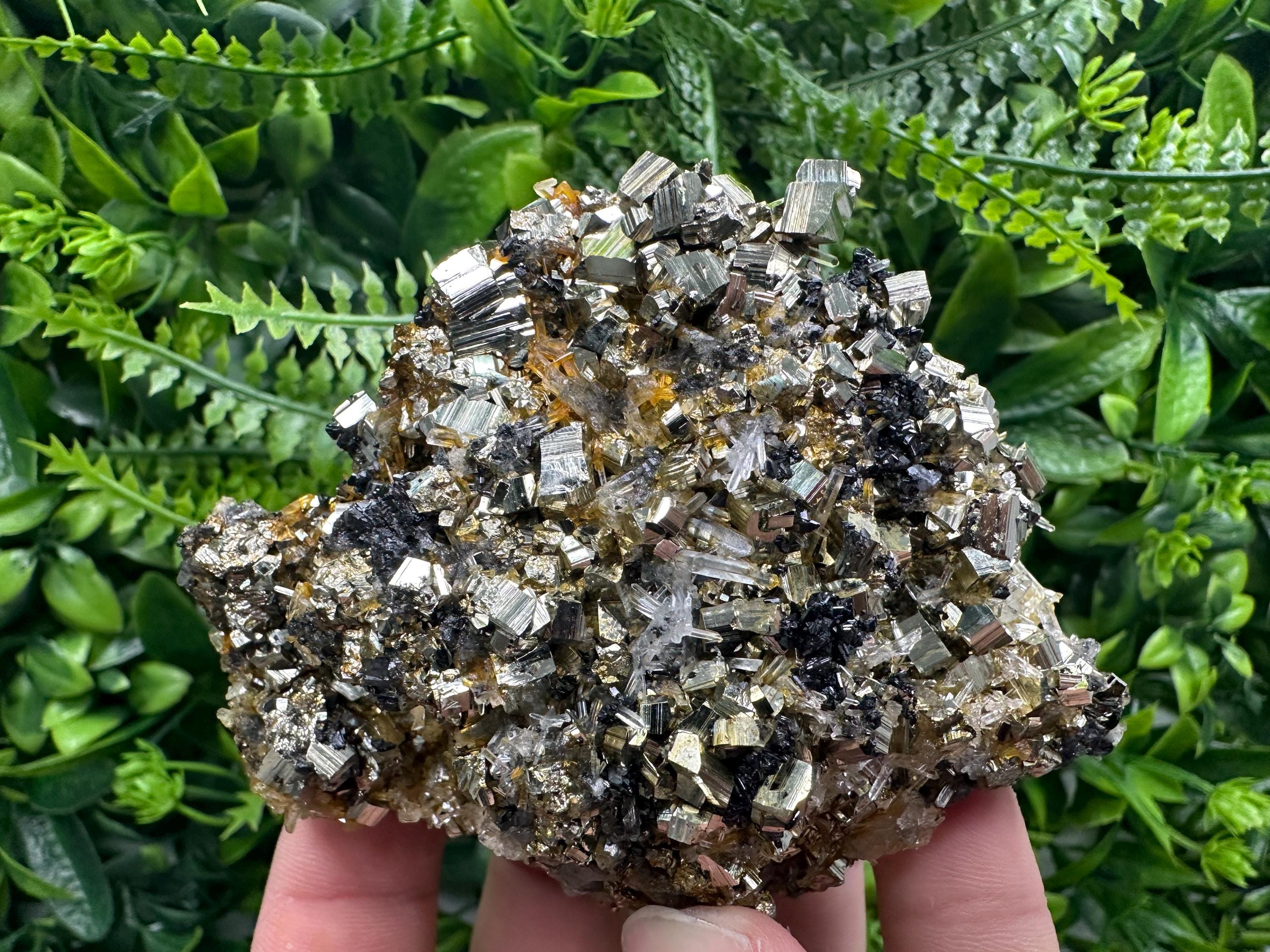 Rainbow Pyrite Cluster on Sphalerite Quartz, Borieva Mine Mineral Specimen