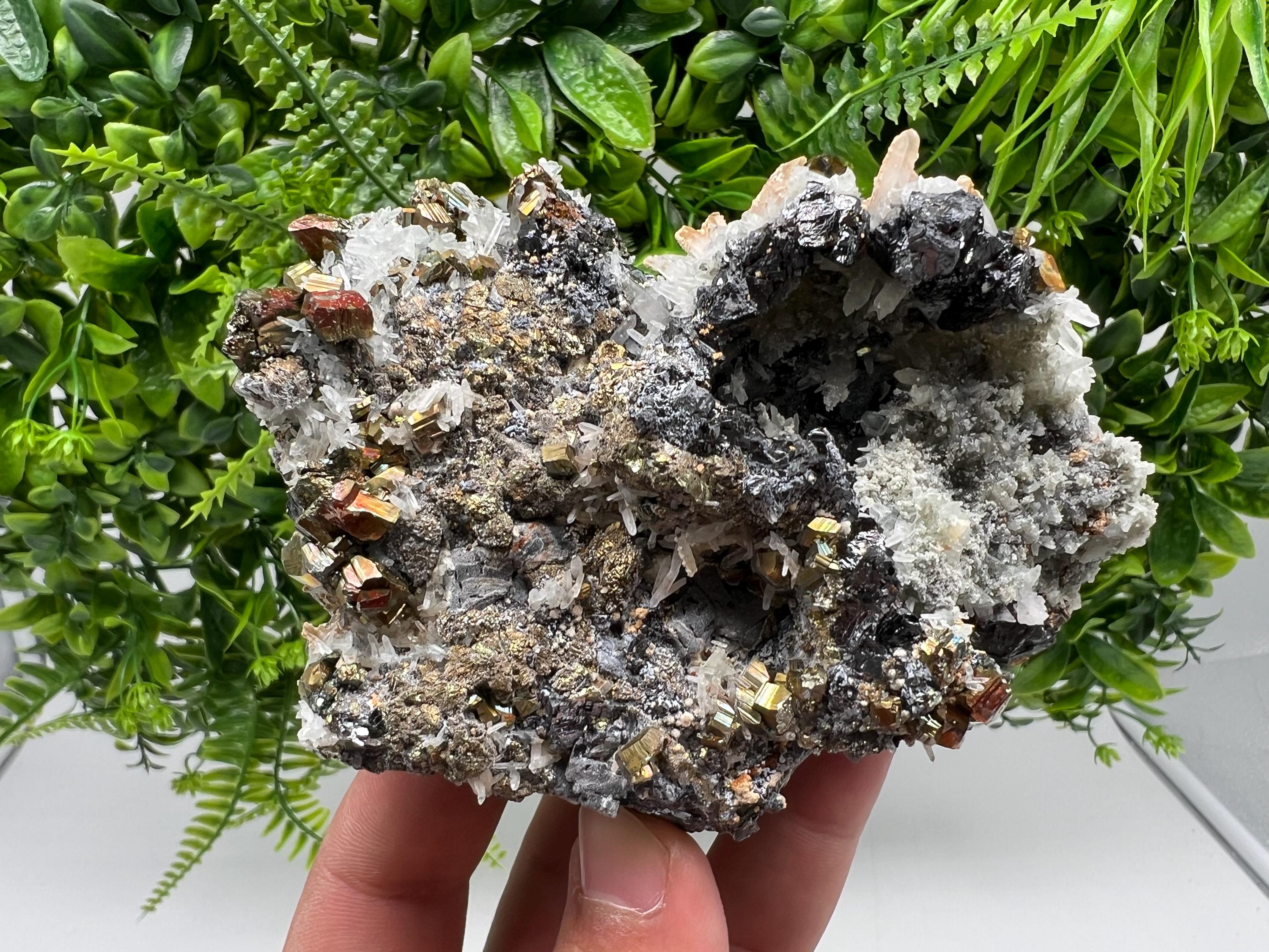 Wonderful Rainbow Pyrite,Sphalerite on Quartz from 9 th September mine,Madan,Bulgaria natural,collectibles mineral specimen,home decor stone