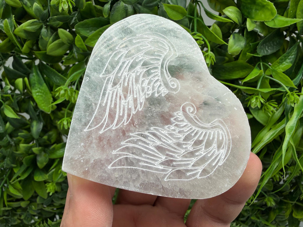 Selenite Heart with Angel Wings Selenite Charging Plate Crystal Charging Dish – Reiki Healing Crystal – Spiritual Altar Decor Angel Energy