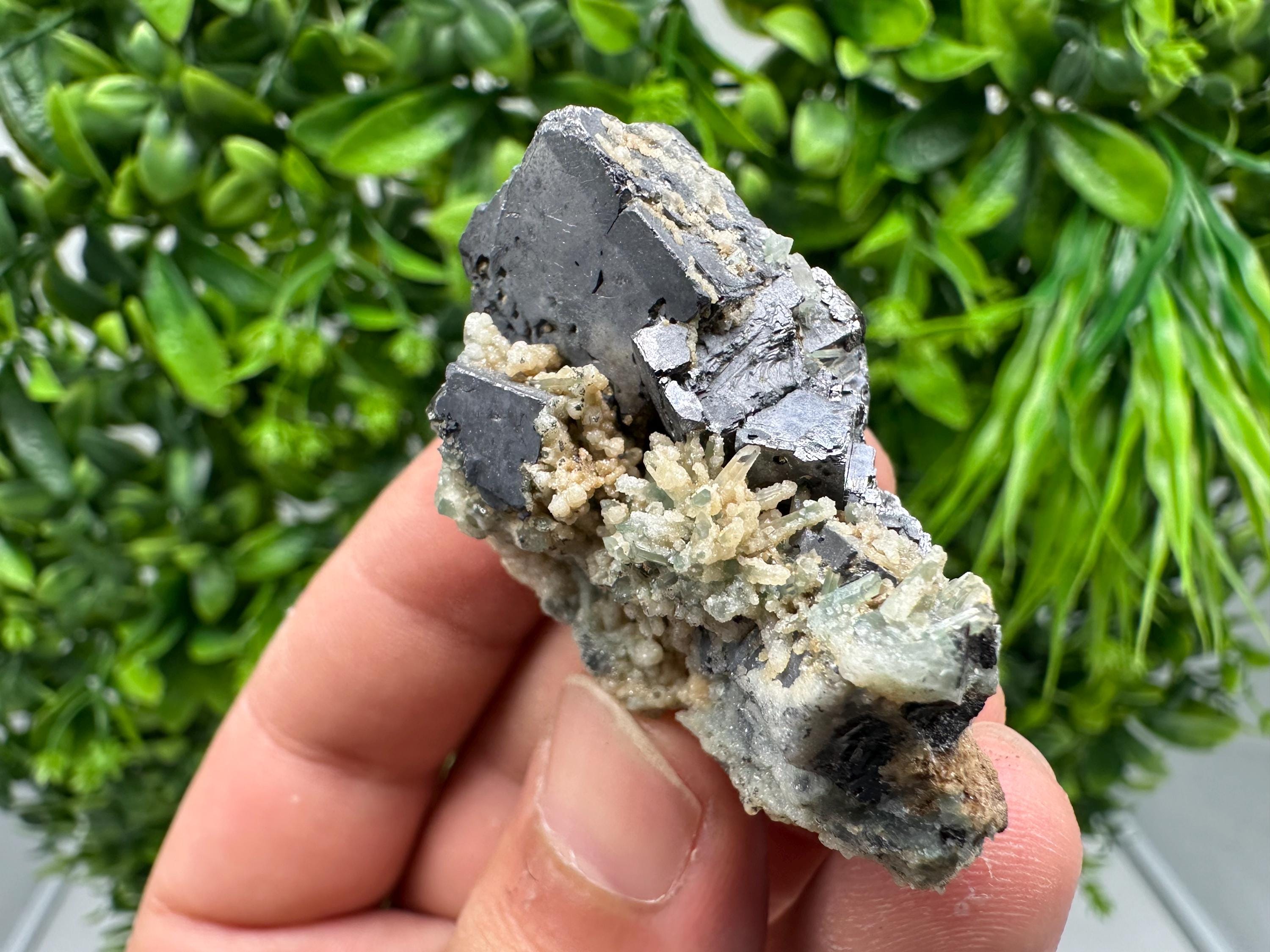 Galena on Quartz with Calcite, Borieva Mine, Bulgaria