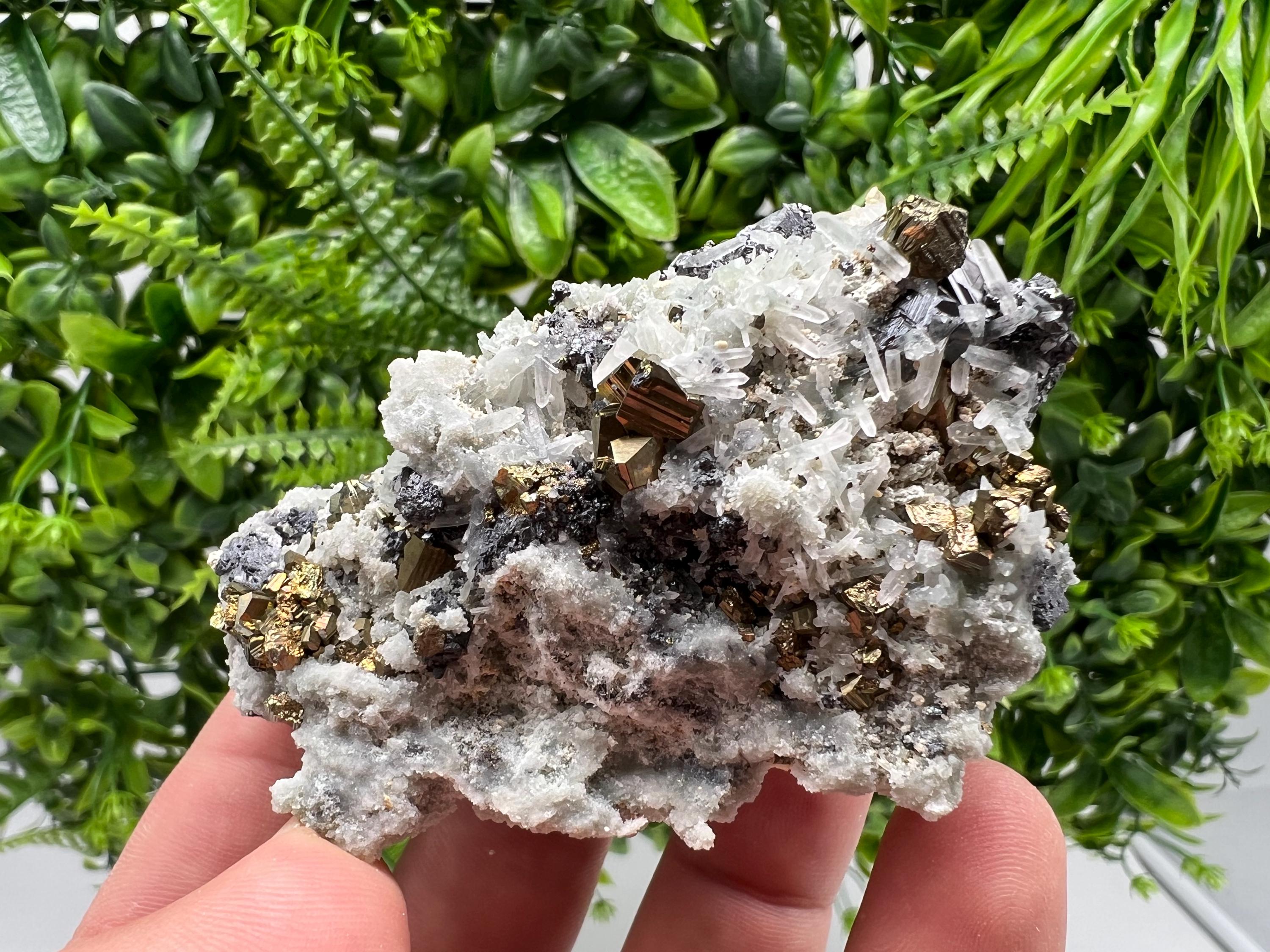 Wonderful Rainbow Pyrite,Sphalerite on Quartz from 9 th September mine,Madan,Bulgaria natural,collectibles mineral specimen,home decor stone