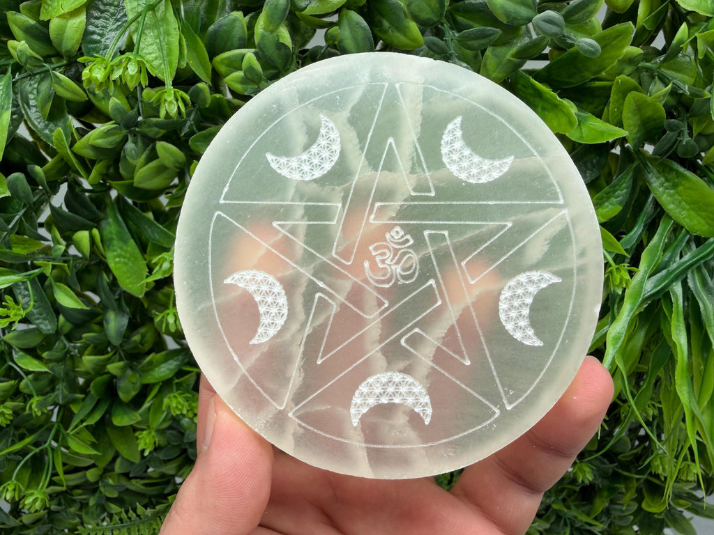 Selenite Charging Plate with Moon and Om Symbol – Crystal Energy Cleansing Disk