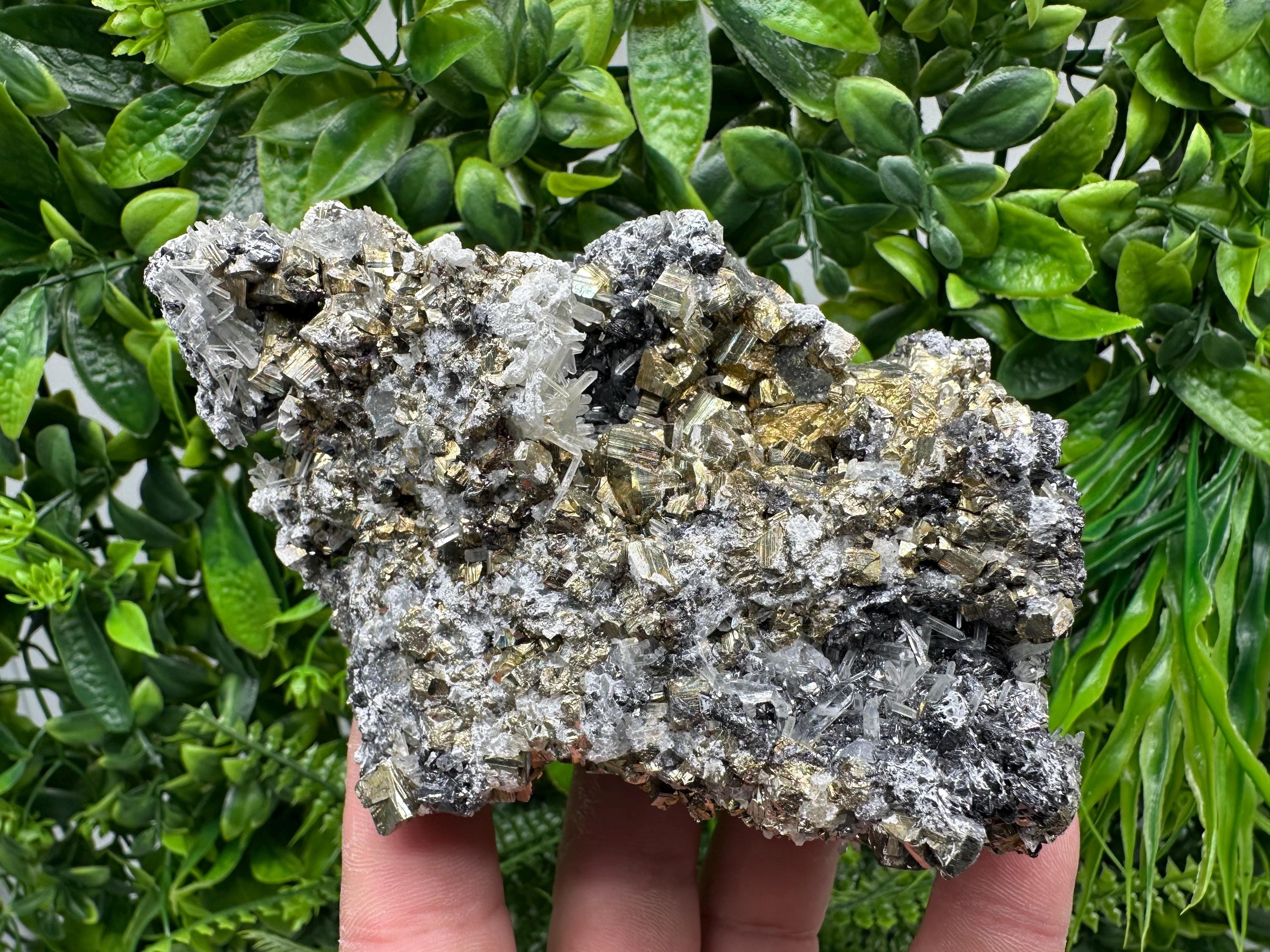 Rainbow Pyrite on Quartz with Oxide, Natural Minerals Decor, Borieva Bulgaria