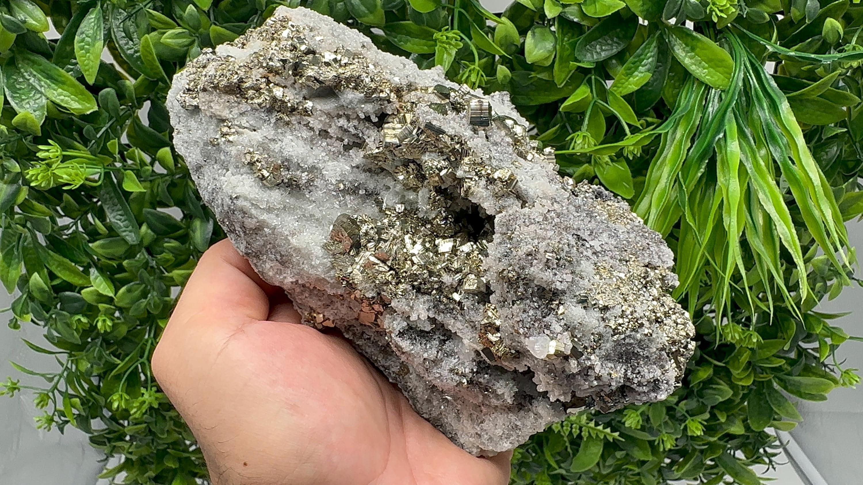 Pyrite on Quartz, Calcite Mineral Specimen, Home Decor Stone