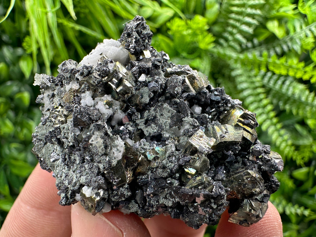 Rainbow Pyrite on Sphalerite and Quartz from Borieva Mine, Bulgaria