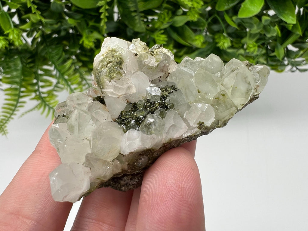Rare Green Epidote with Quartz Crystals - Sparkly Rainbow Mineral Decor