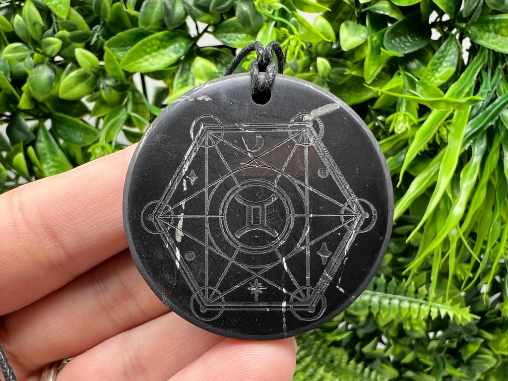 Shungite Gemini Zodiac Pendant Necklace: EMF Protection Healing Stone