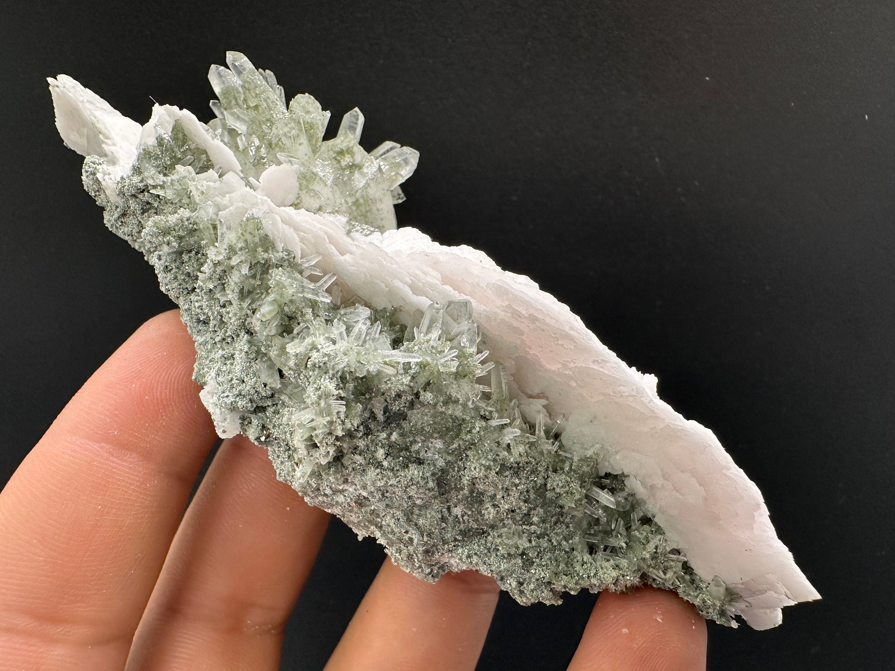 Calcite on Green Quartz: Borieva Mine Crystal Decor
