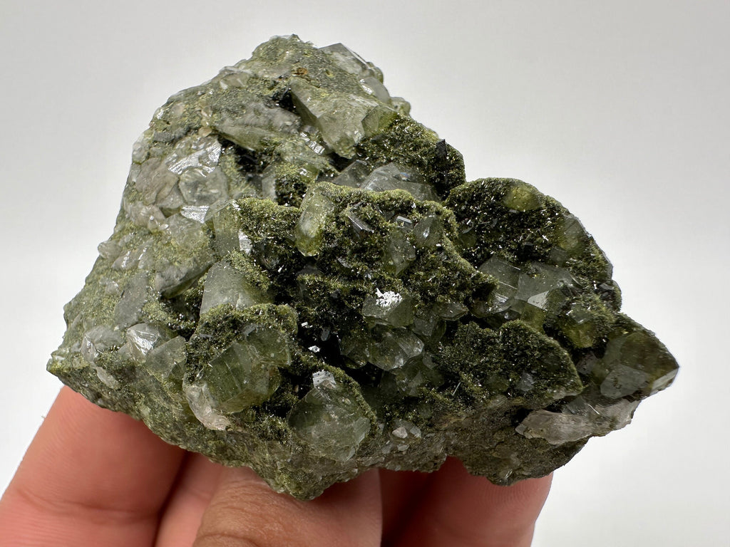 Rare Green Epidote with Quartz Crystals: Sparkly Rainbow Mineral Decor