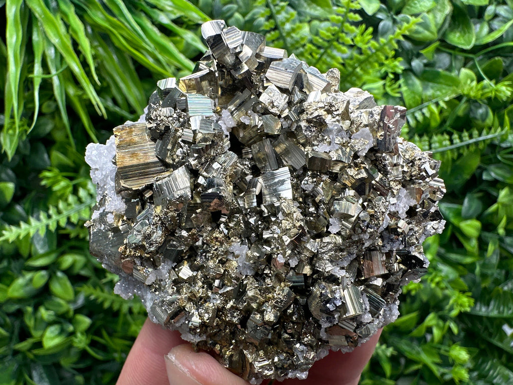 Rainbow Pyrite on Calcite Cluster, Bulgaria Mineral Specimen