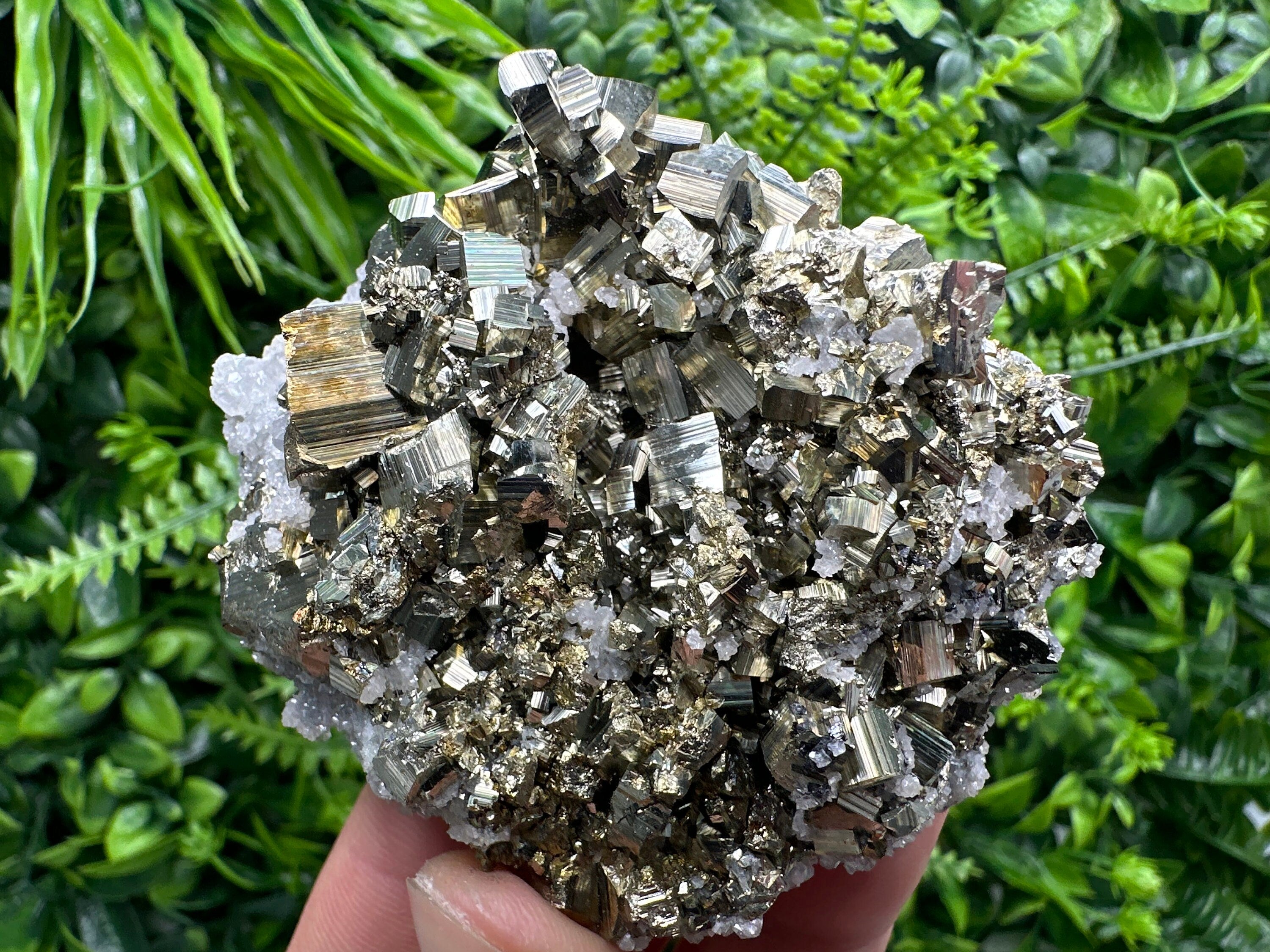 Rainbow Pyrite on Calcite Cluster, Bulgaria Mineral Specimen